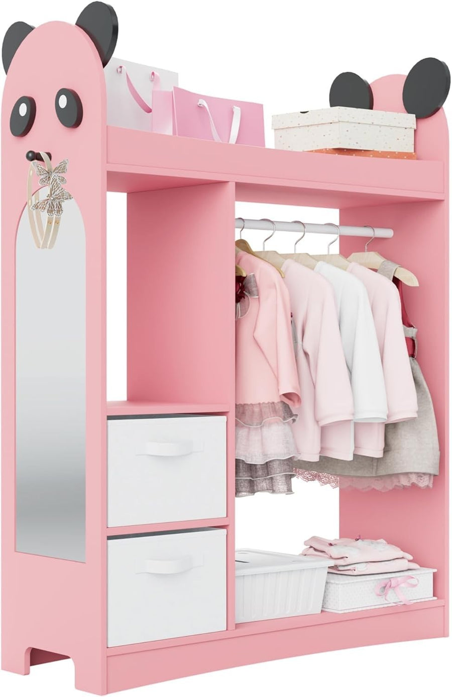 Kids Dress Up Wardrobe with Mirror, Hanging Rail & 2 Drawers Pink Storage