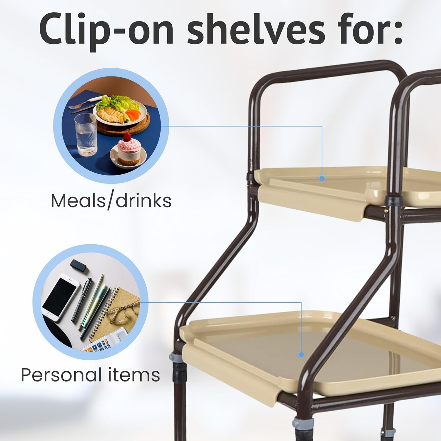 Mobility Trolley Walker with Wheels Adjustable Height Storage Shelves