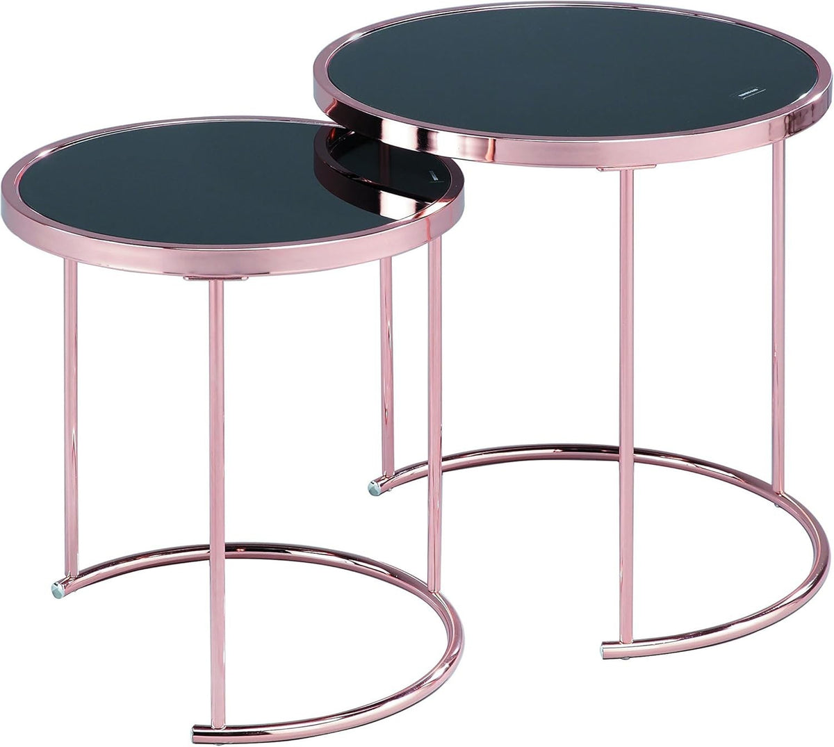2x Modern Copper/Black Nesting End Tables Glass Top Side Coffee Set Round