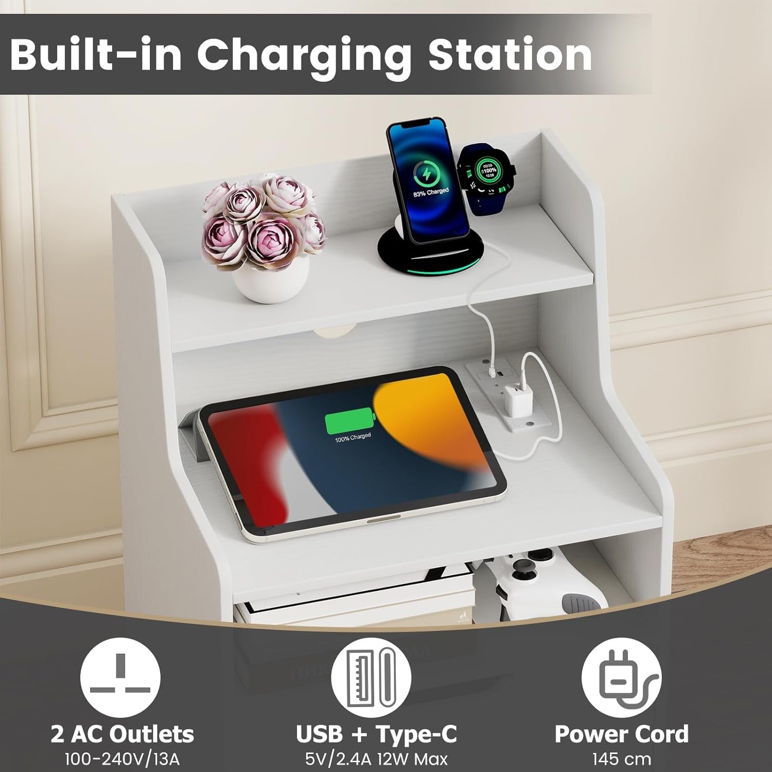 White LED Bedside Table with Charging Station, Drawers & RGB Storage Shelf