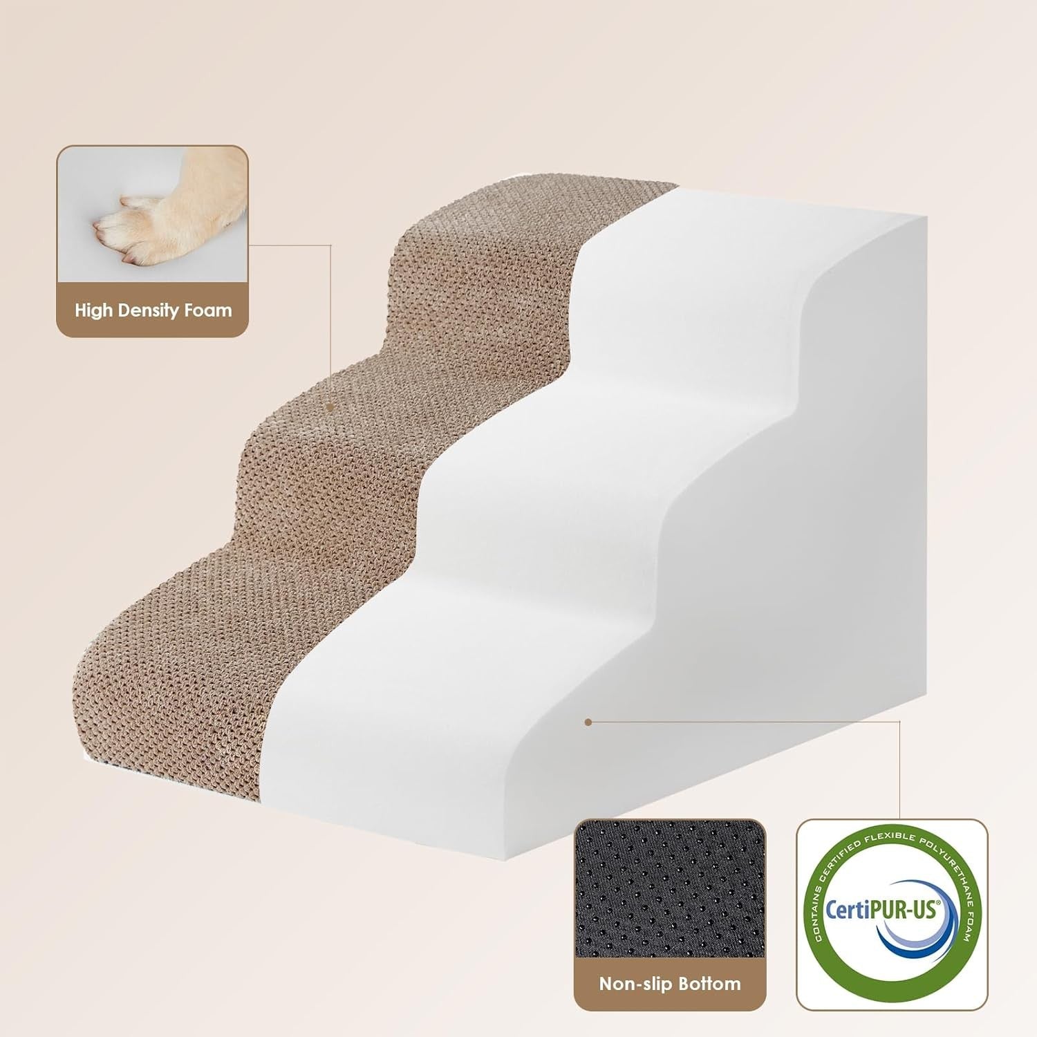 3 Step Dog Stairs for Bed Sofa Non Slip Foam Pet Steps Washable Camel