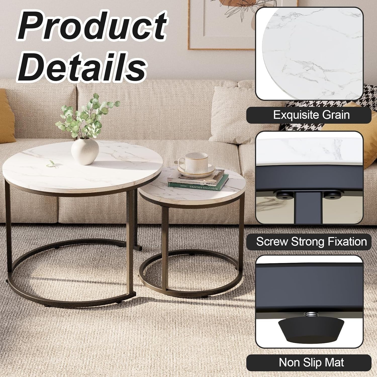Nesting Coffee Table Set 2 Round Black Marble Metal Frame Living Room Furniture