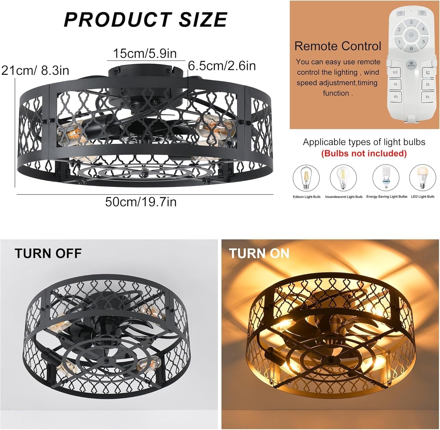 50cm Industrial Ceiling Fan Light, Black Caged, 6 Speed, 4 Lights, Remote