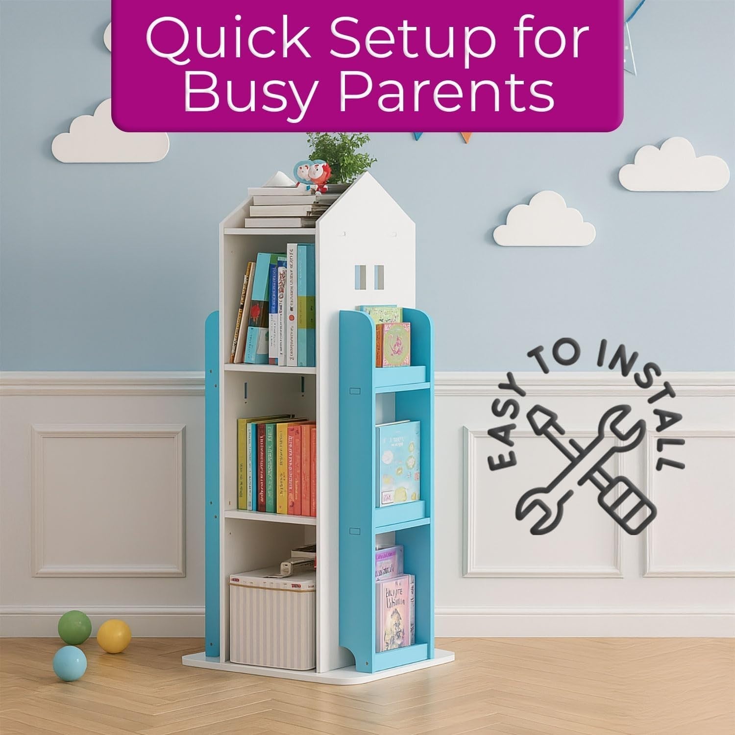 360° Rotating Kids Bookshelf 10-Shelf Freestanding Space-Saving Bookcase Blue