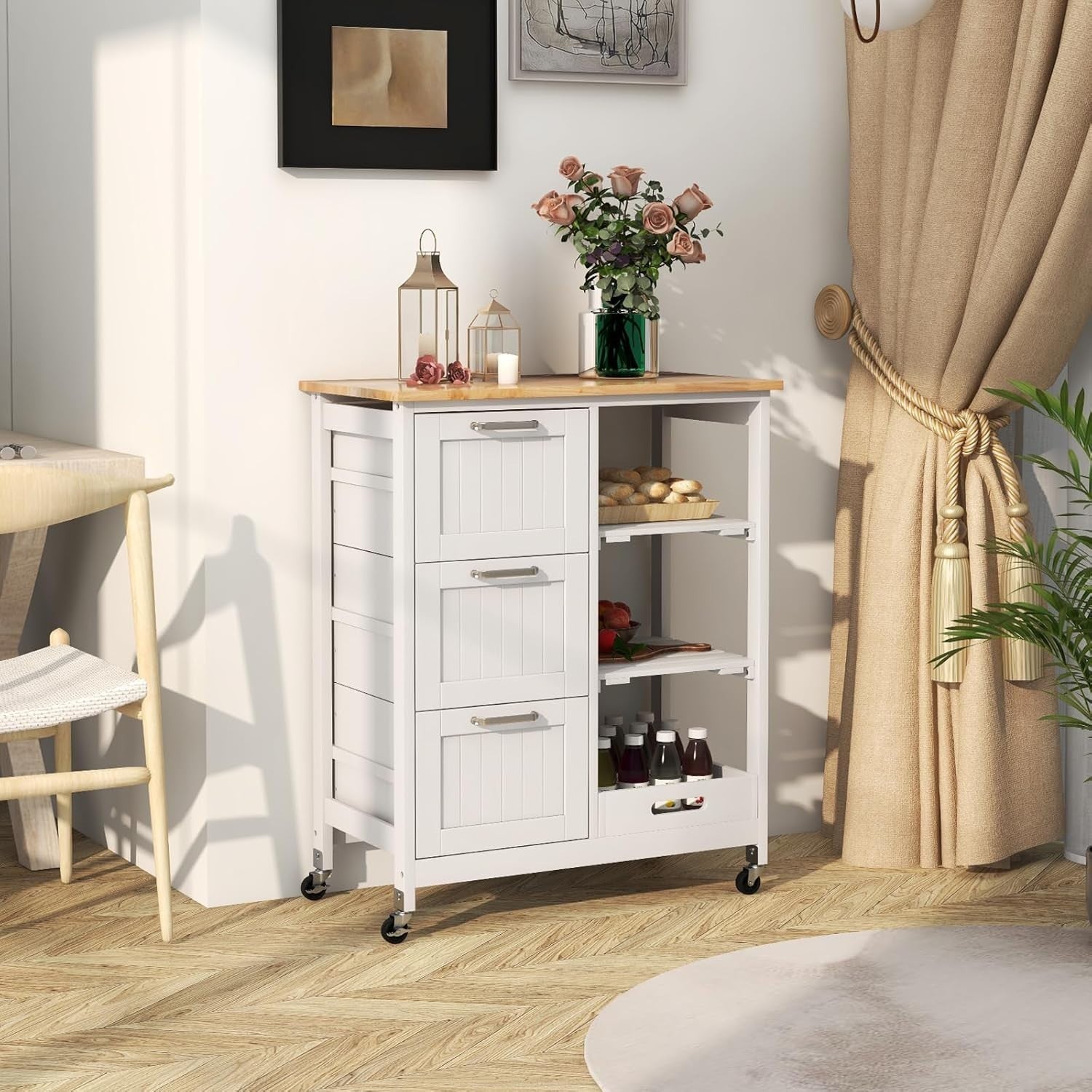 White Kitchen Island Trolley Rubber Wood Top 3 Drawers