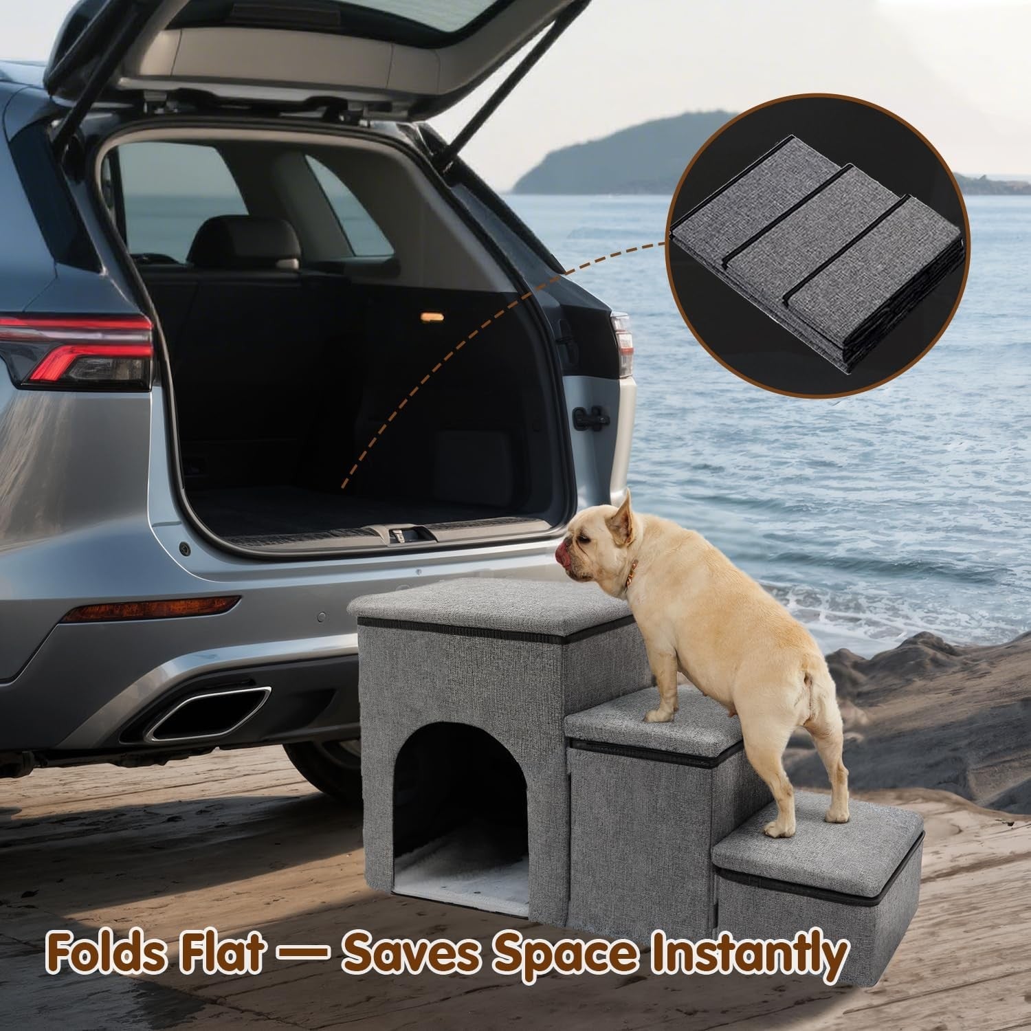 Grey 3 in 1 Dog Stairs with Storage Pet Steps House 78x34x42cm