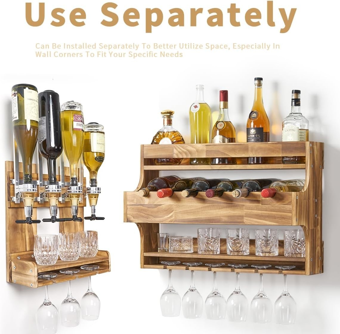 Rustic Wall Mounted Wine & Liquor Rack with Glass Holder – 4 Bottle