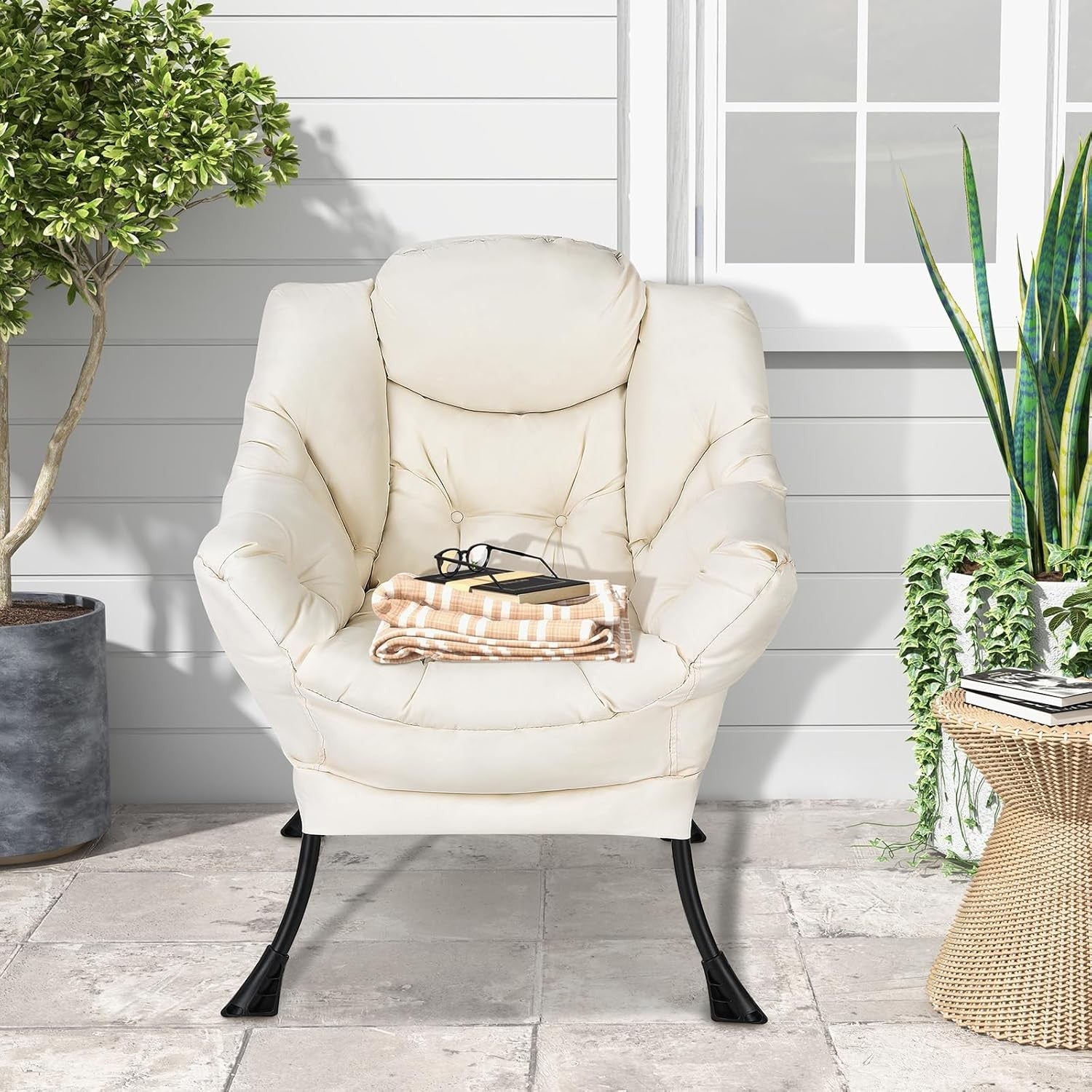 Fabric Lounge Armchair Comfy Reading Chair Side Pocket Beige