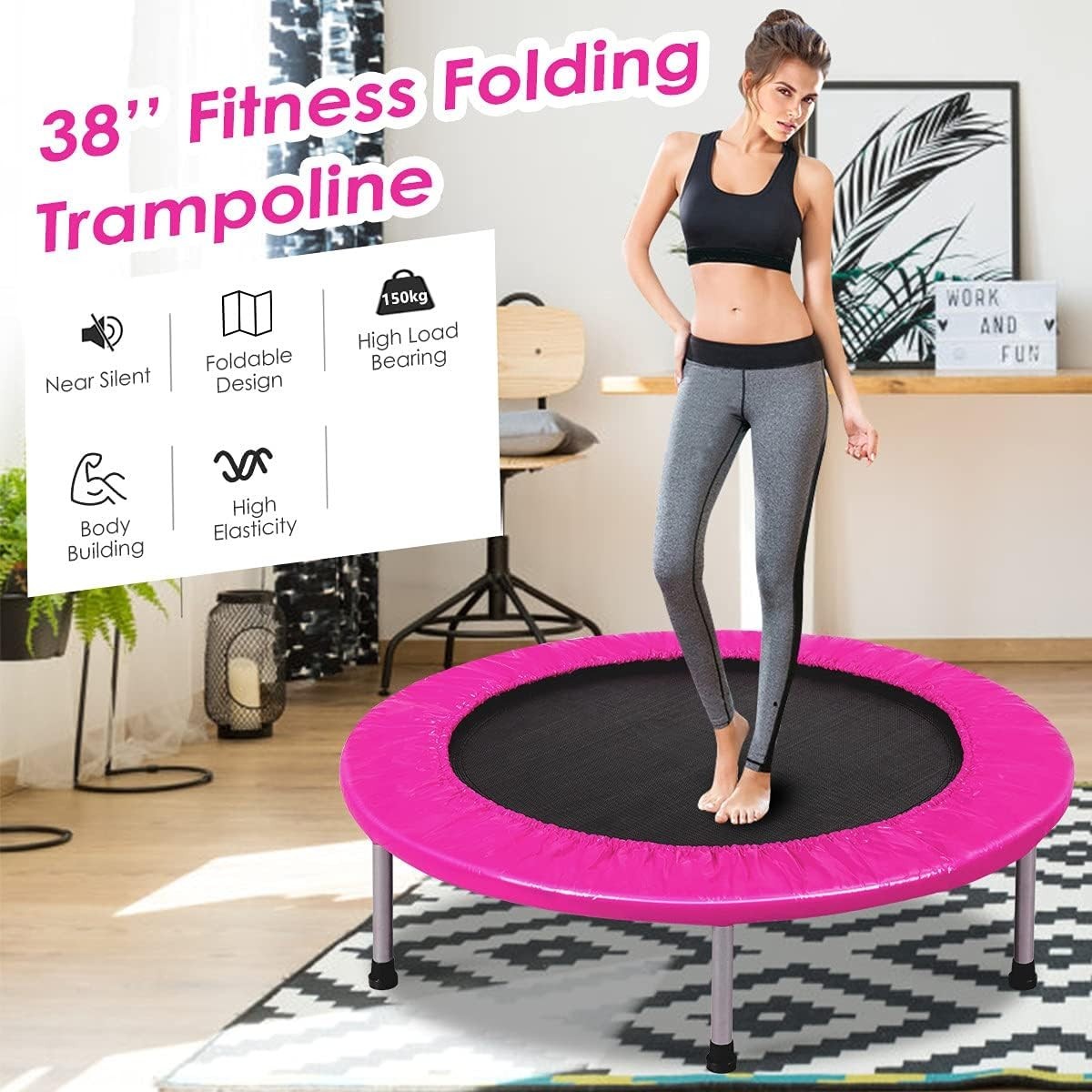 38in Folding Mini Rebounder Trampoline Padded Indoor Outdoor 150KG