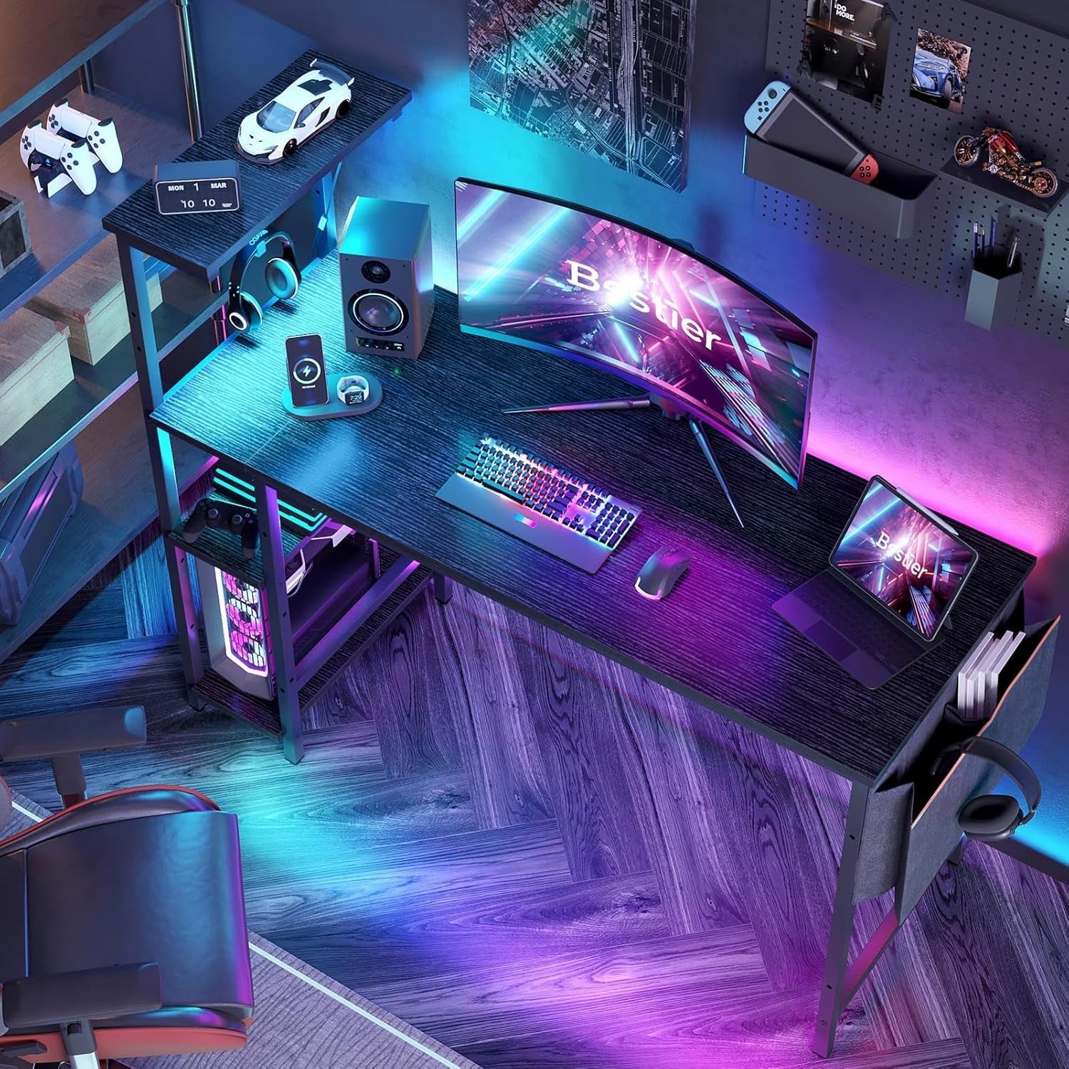 Black 140cm Reversible Gaming Desk w/LED Lights & Storage Shelves
