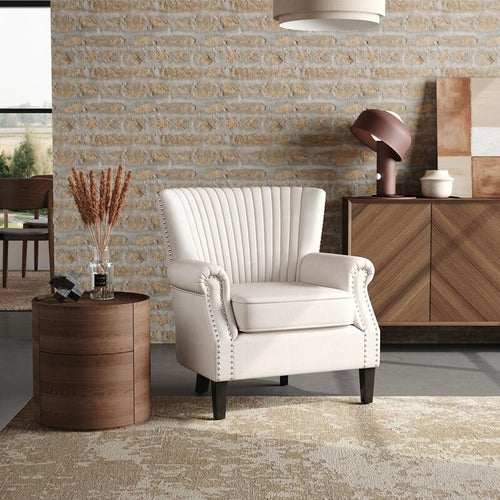 Beige Channel Armchair Deep Cushion Lounge Chair with Nailhead Trim