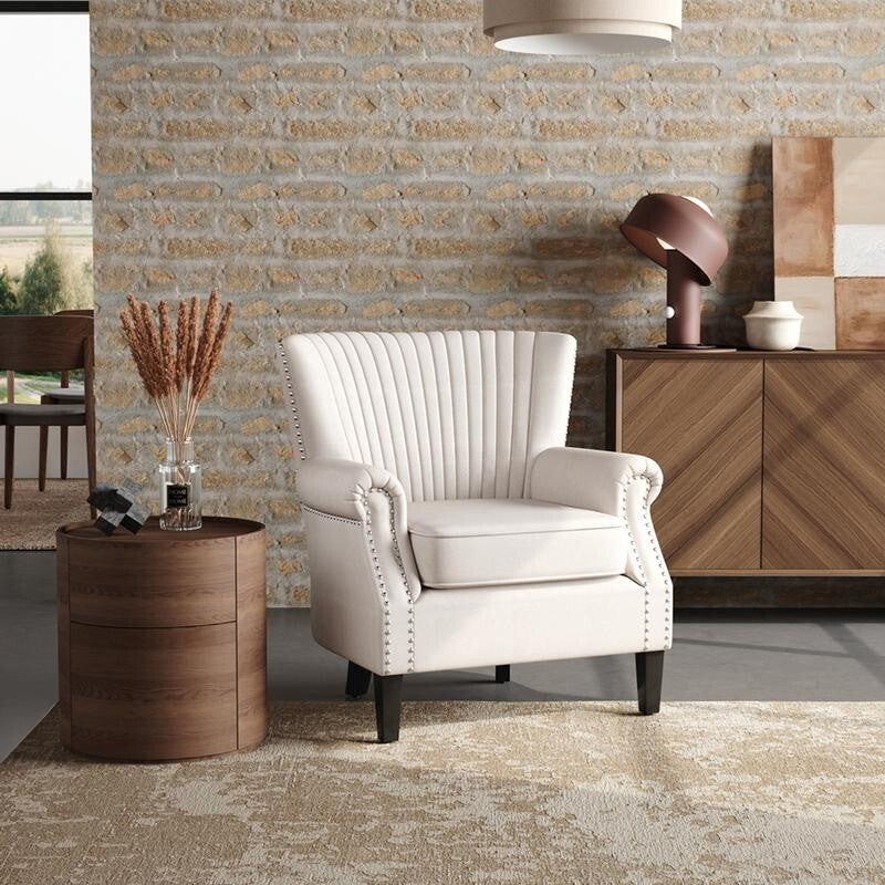 Beige Channel Armchair Deep Cushion Lounge Chair with Nailhead Trim