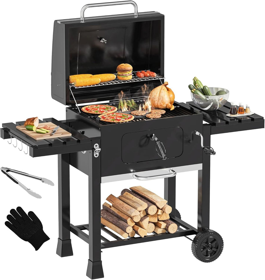 XXL Charcoal BBQ Grill Smoker with Adjustable Air Vents & Folding Tables