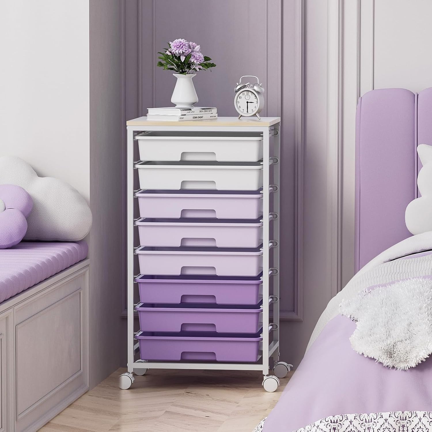 8 Drawer Mobile Storage Cart Purple Rolling Organizer Trolley Wheels