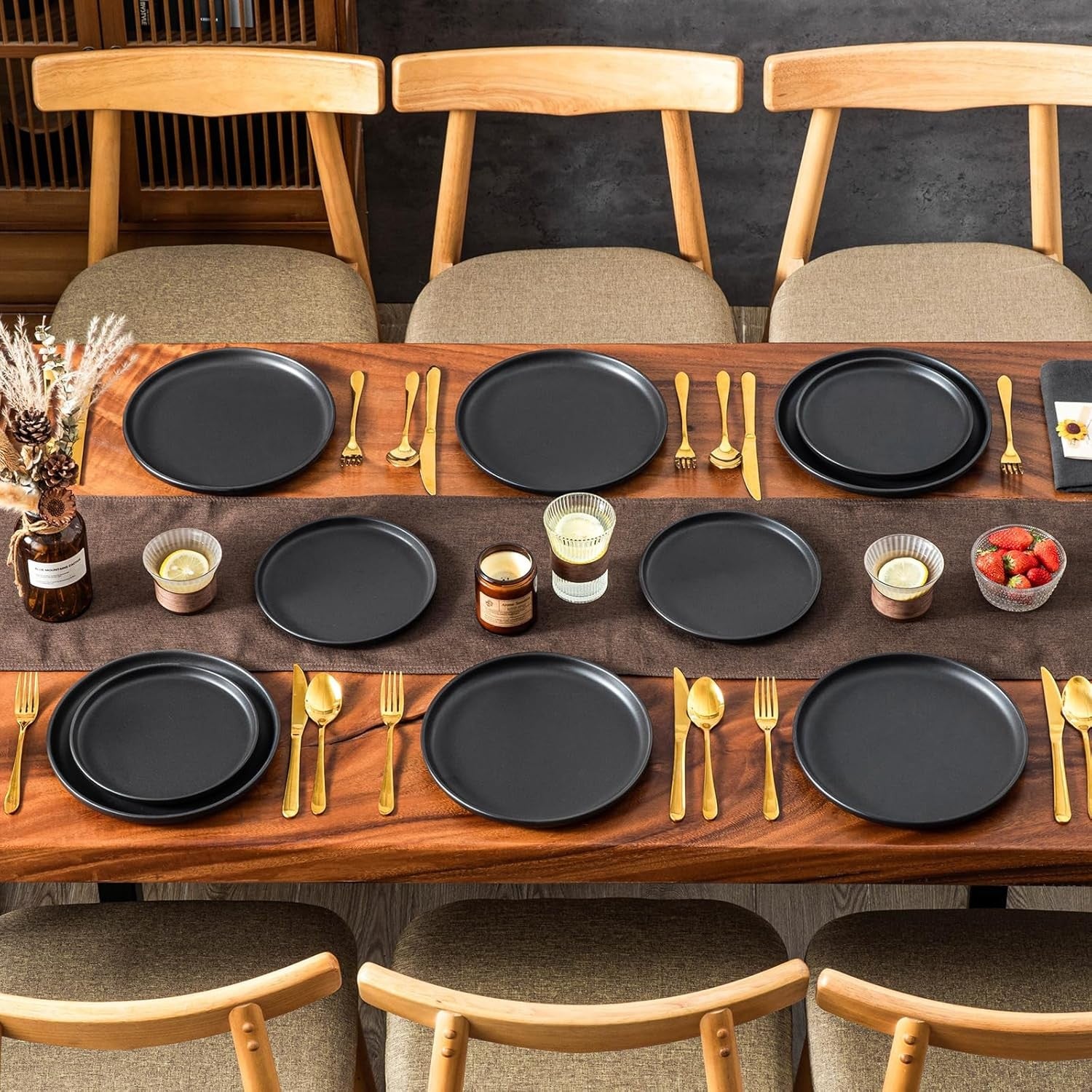 10.25in Ceramic Dinner Plates Set of 6 Black Scratch Resistant Modern