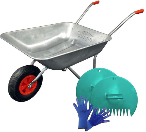 65L Pneumatic Wheelbarrow – Silver Galvanised Steel w/ Leaf Scoop & Gloves Set
