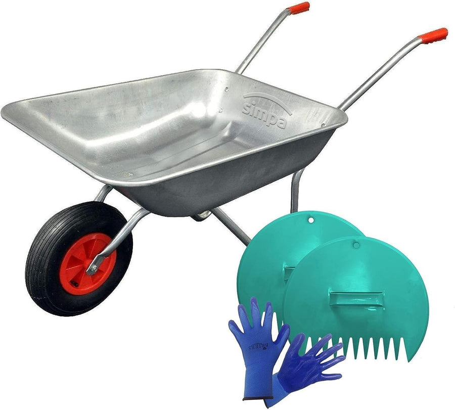 65L Pneumatic Wheelbarrow – Silver Galvanised Steel w/ Leaf Scoop & Gloves Set