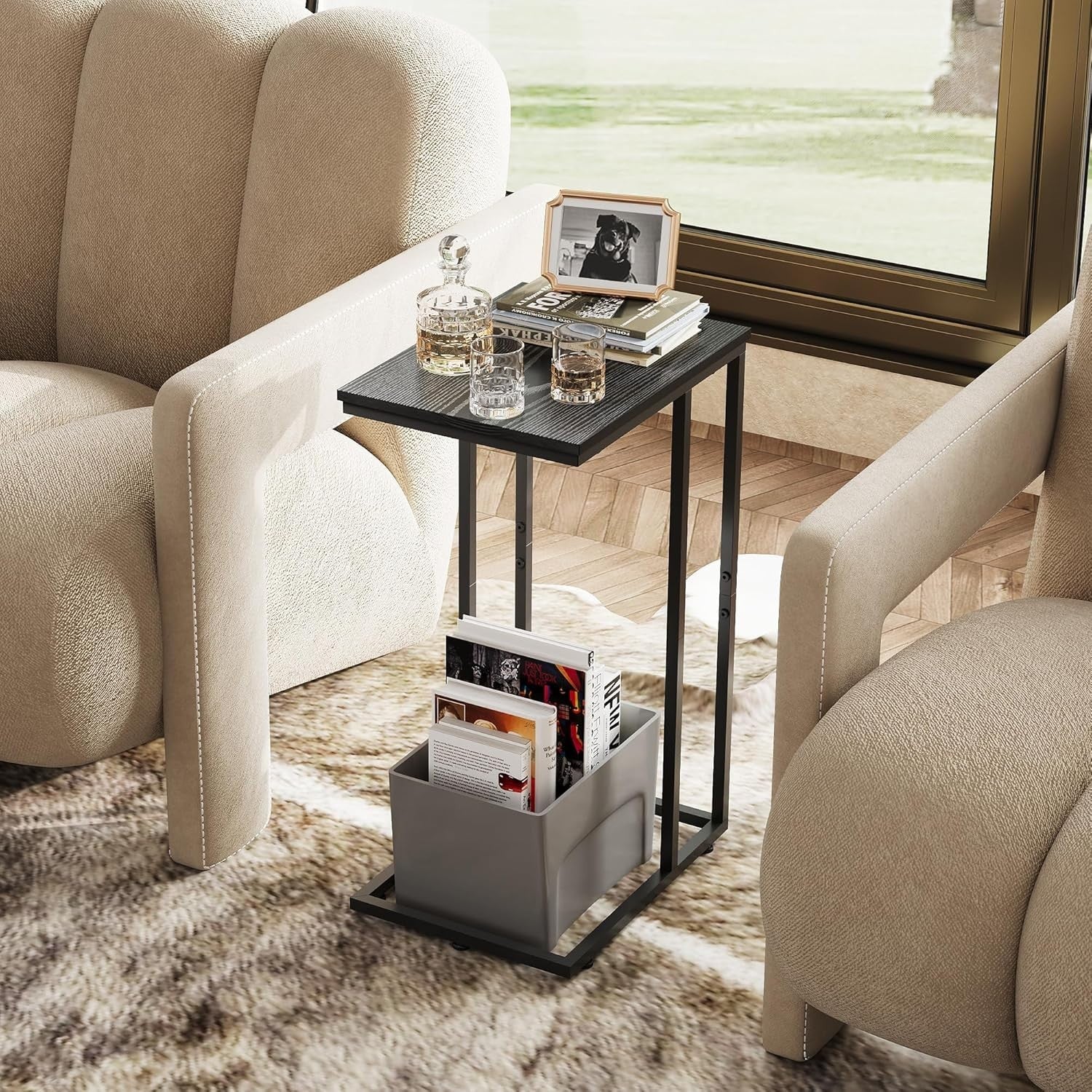 Space-Saving C-Shaped Side Table with 2 Tiers, Durable Steel Frame, Black