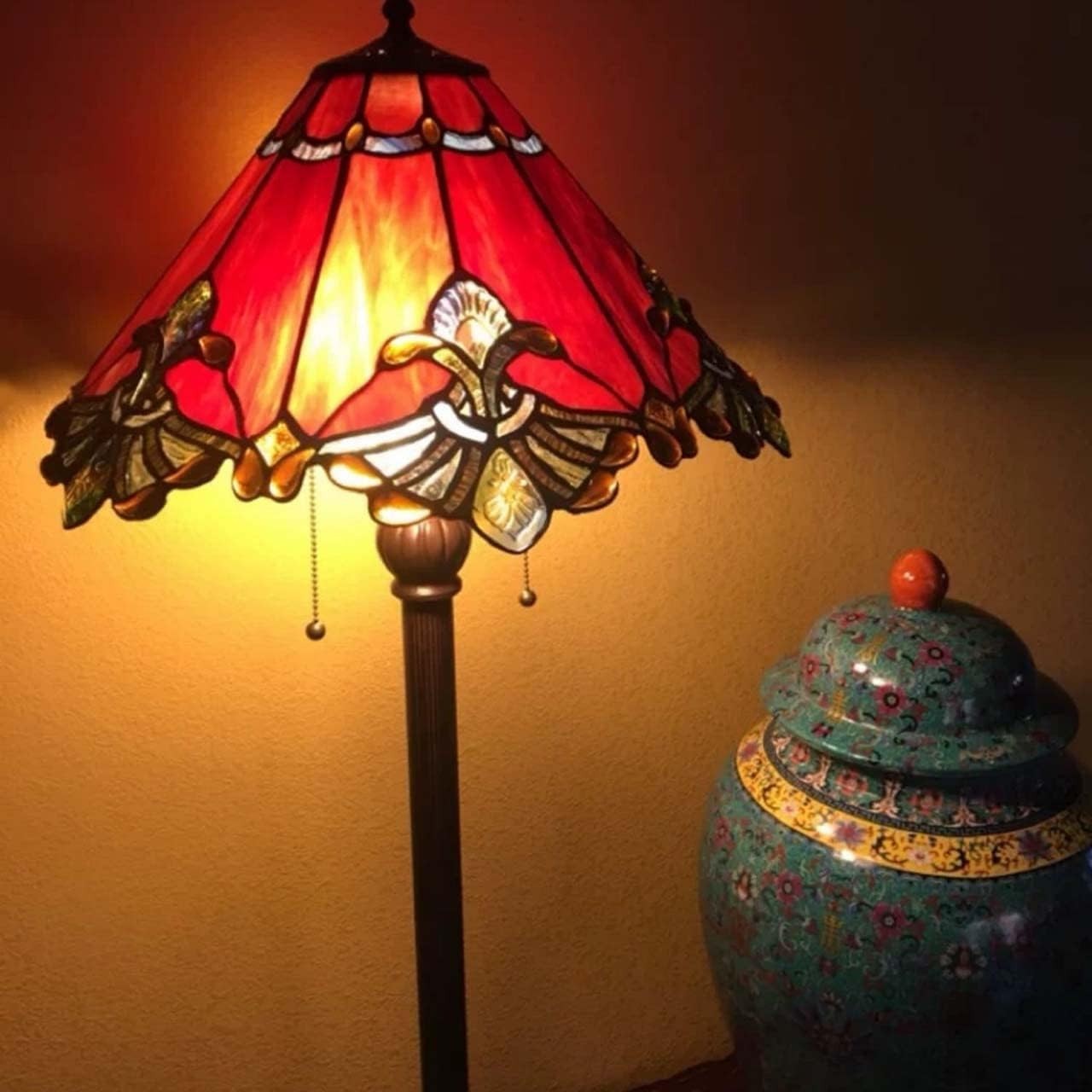 Tiffany Style Floor Lamp Stained Glass 65in Tall Pull Chain 2 Light