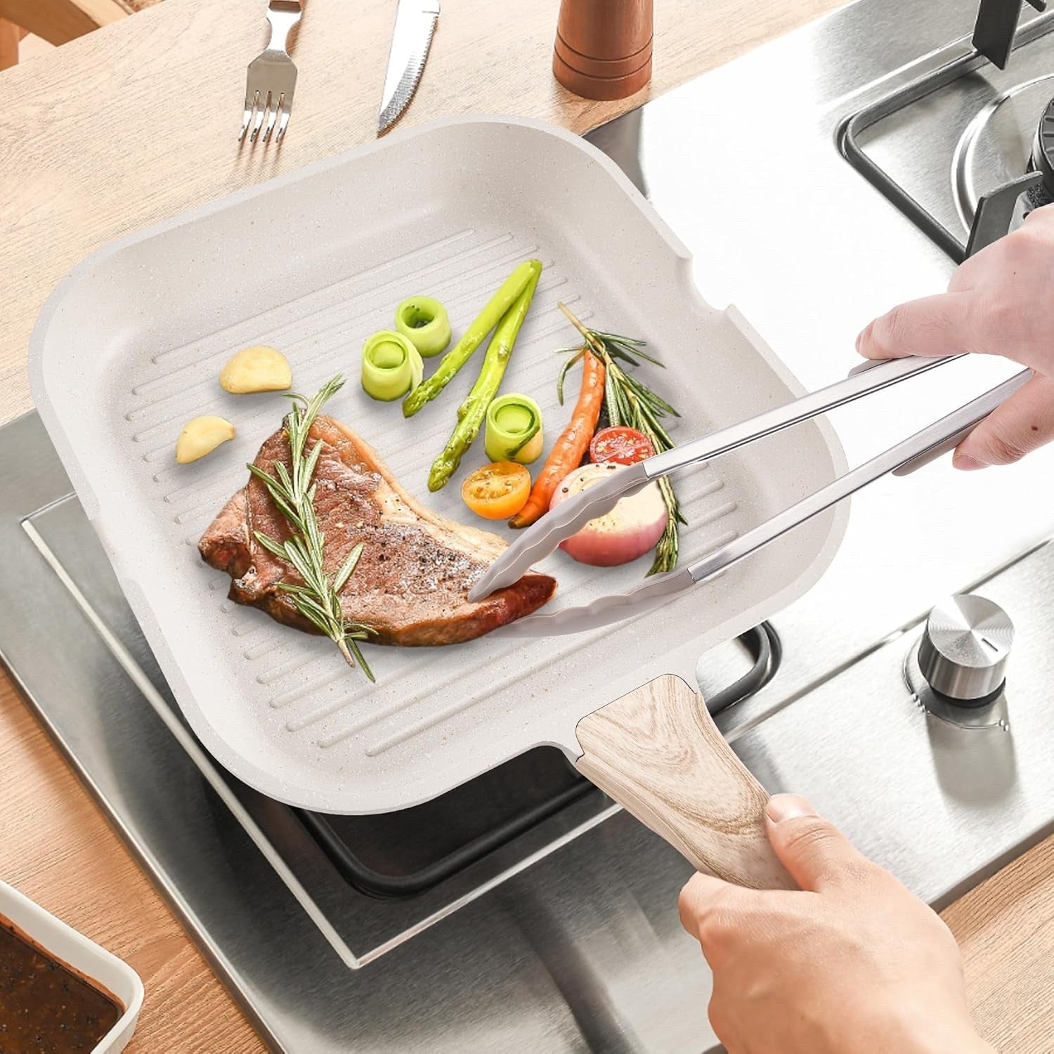 11Pcs Beige Non Stick Cookware Set with Grill Pan & Lids