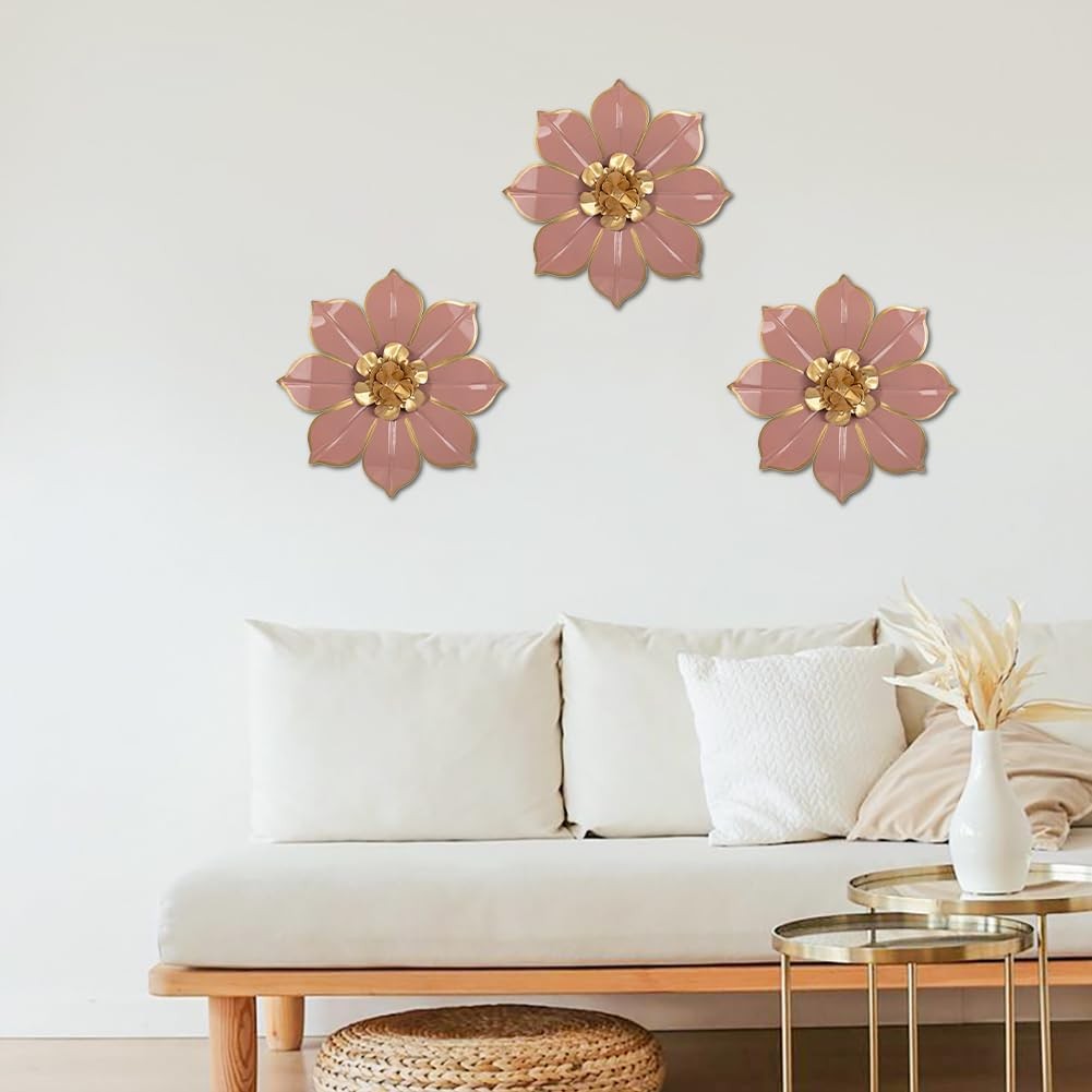 3Pcs Pink Metal Flower Wall Art 3D Modern Floral Decor