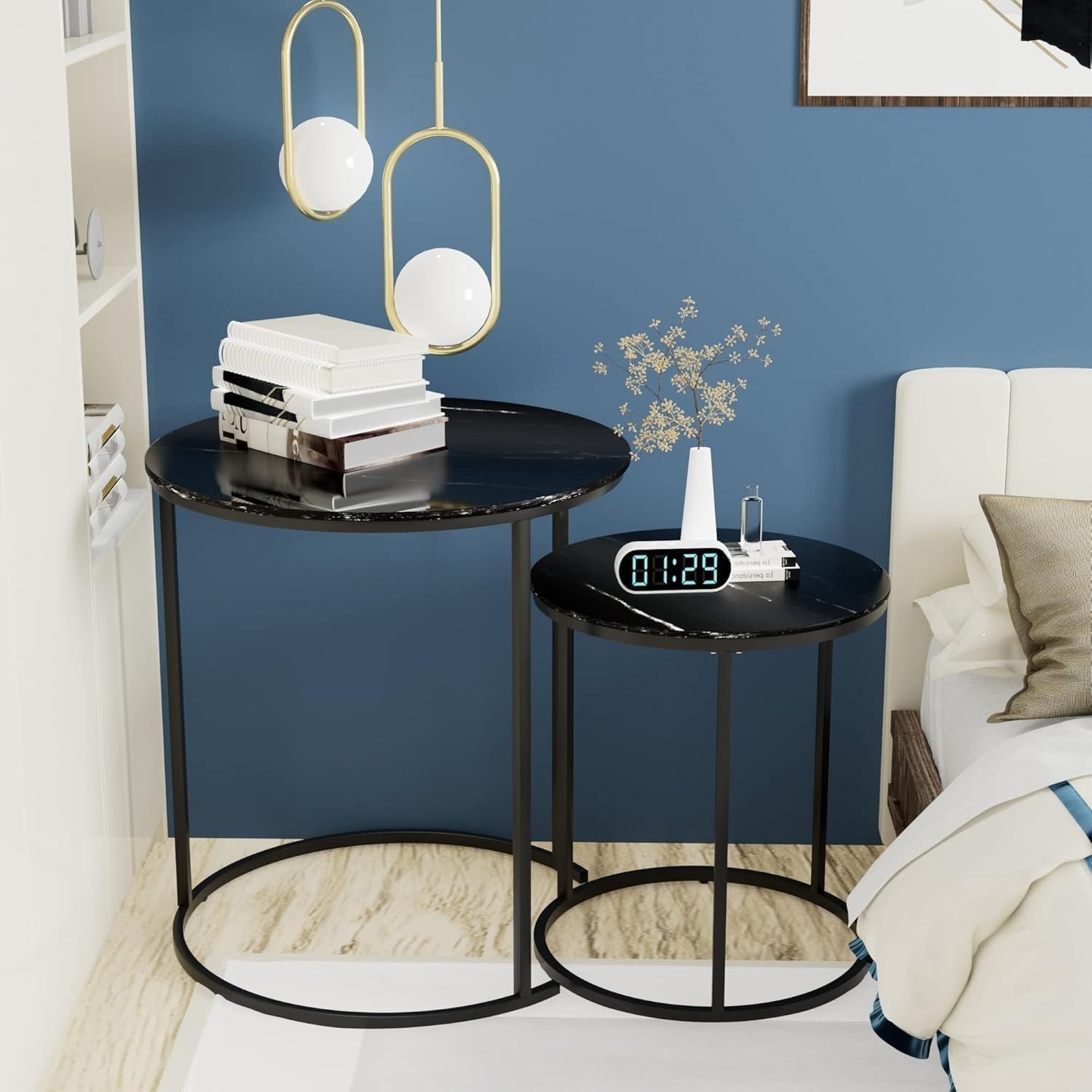 Nesting Coffee Table Set of 2 Round Faux Marble End Side Table for Living Room