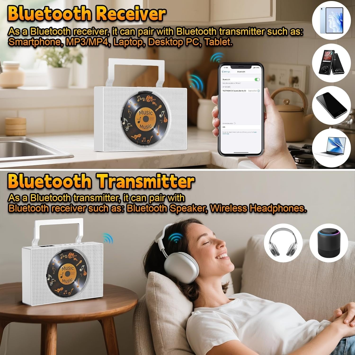 Bluetooth CD Player FM Radio USB AUX Speakers Remote Display White
