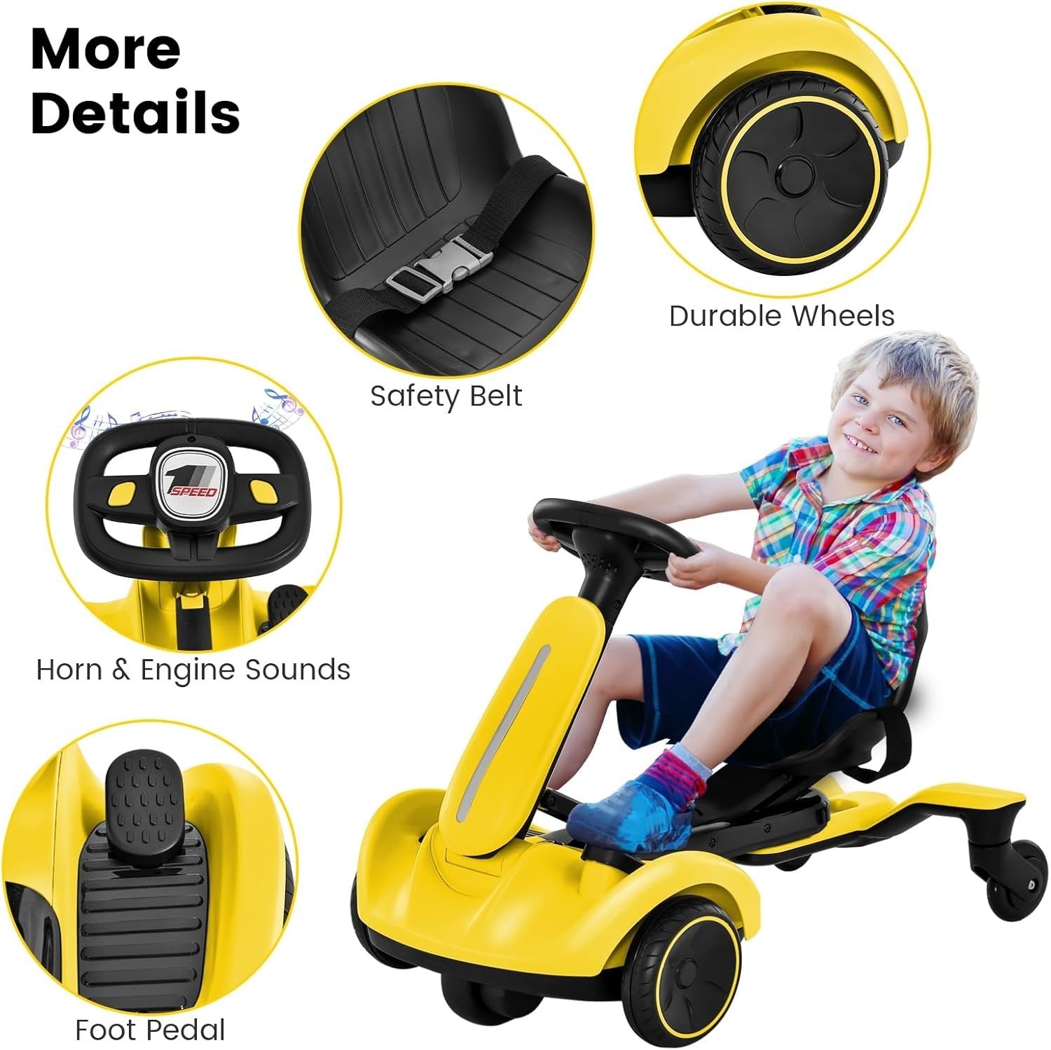 Kids Electric Racing Kart 6V 360° Drift Car Adjustable Seat Yellow 3-8Y