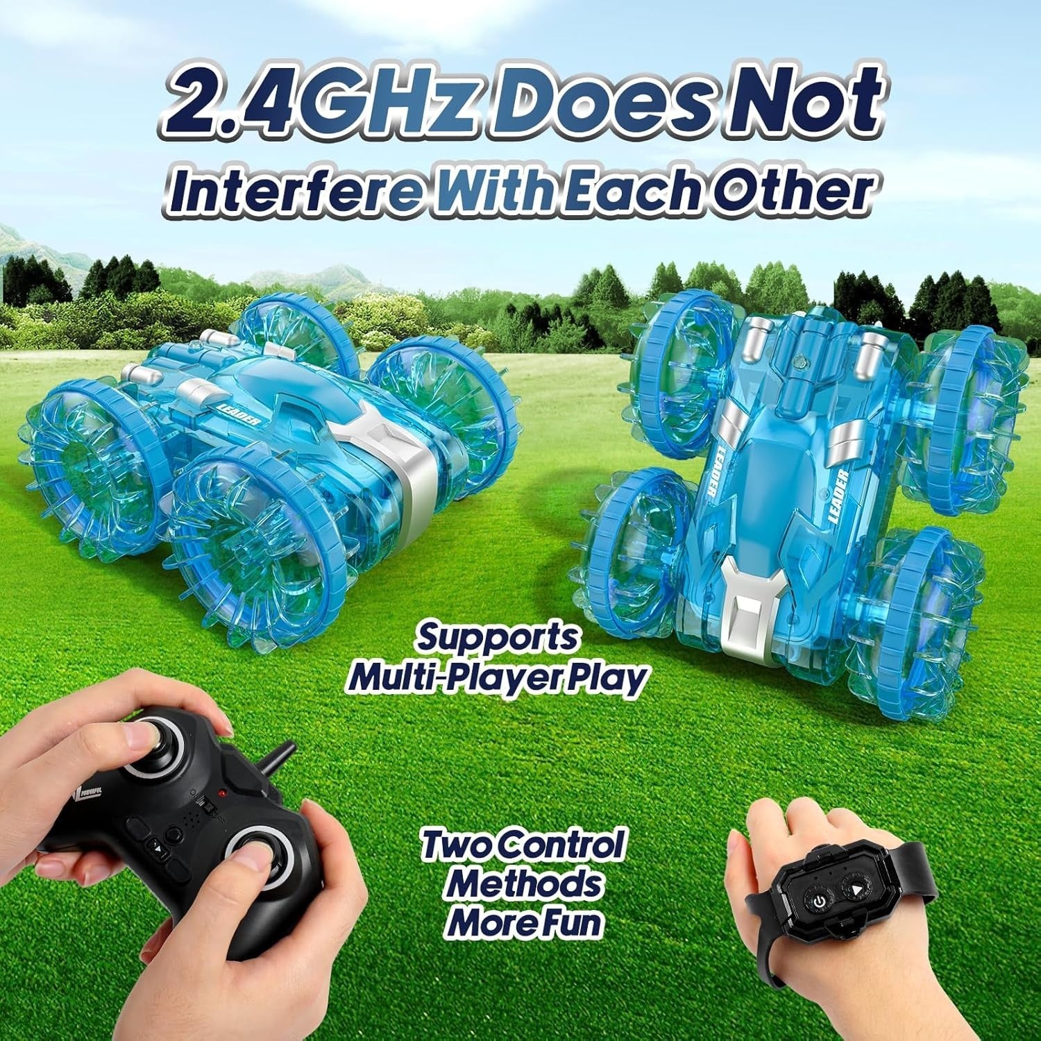 Waterproof RC Stunt Car 4WD 360° Rotation Dual Remote Control Toy – LED Lights