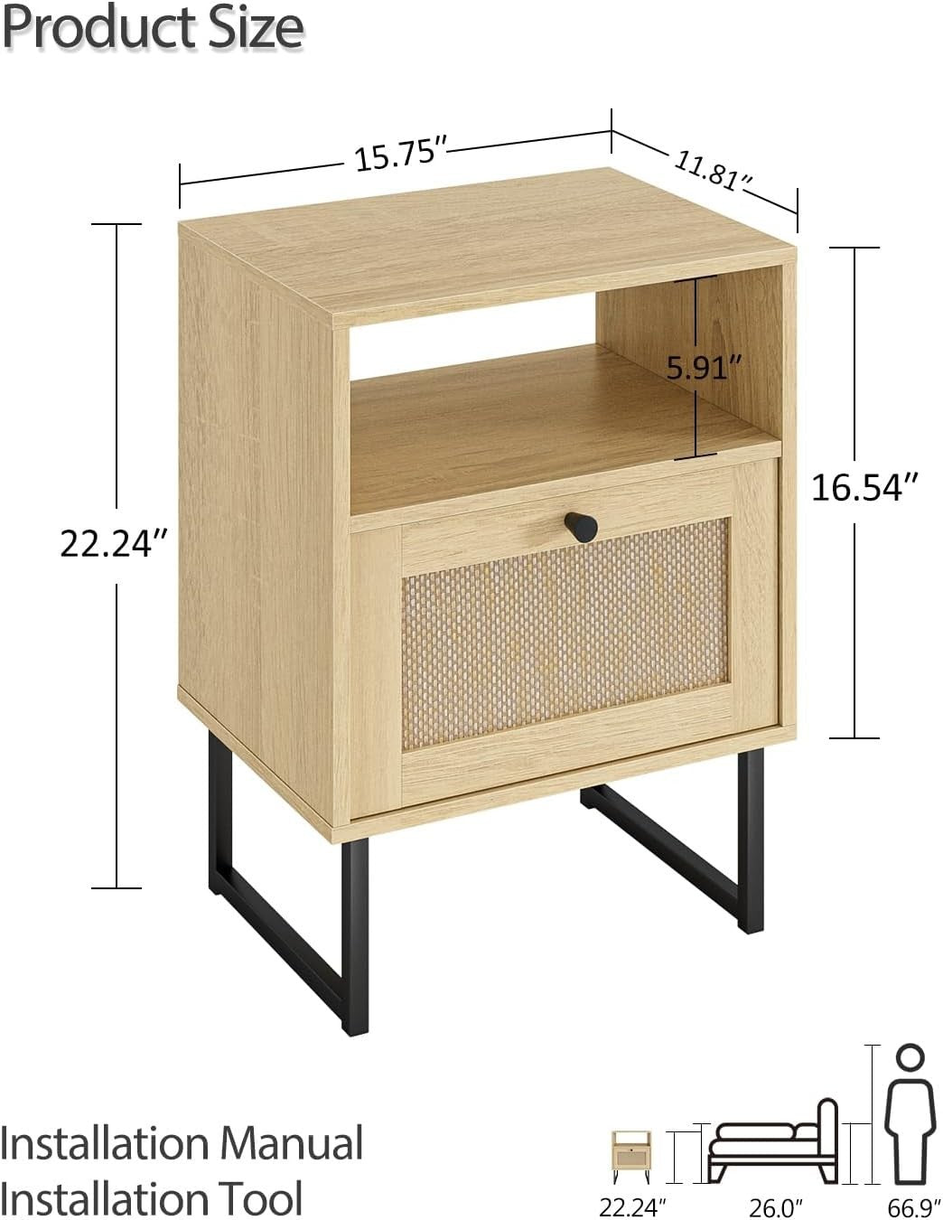 Natural Oak Rattan Bedside Table with Drawer Boho Nightstand Side Table
