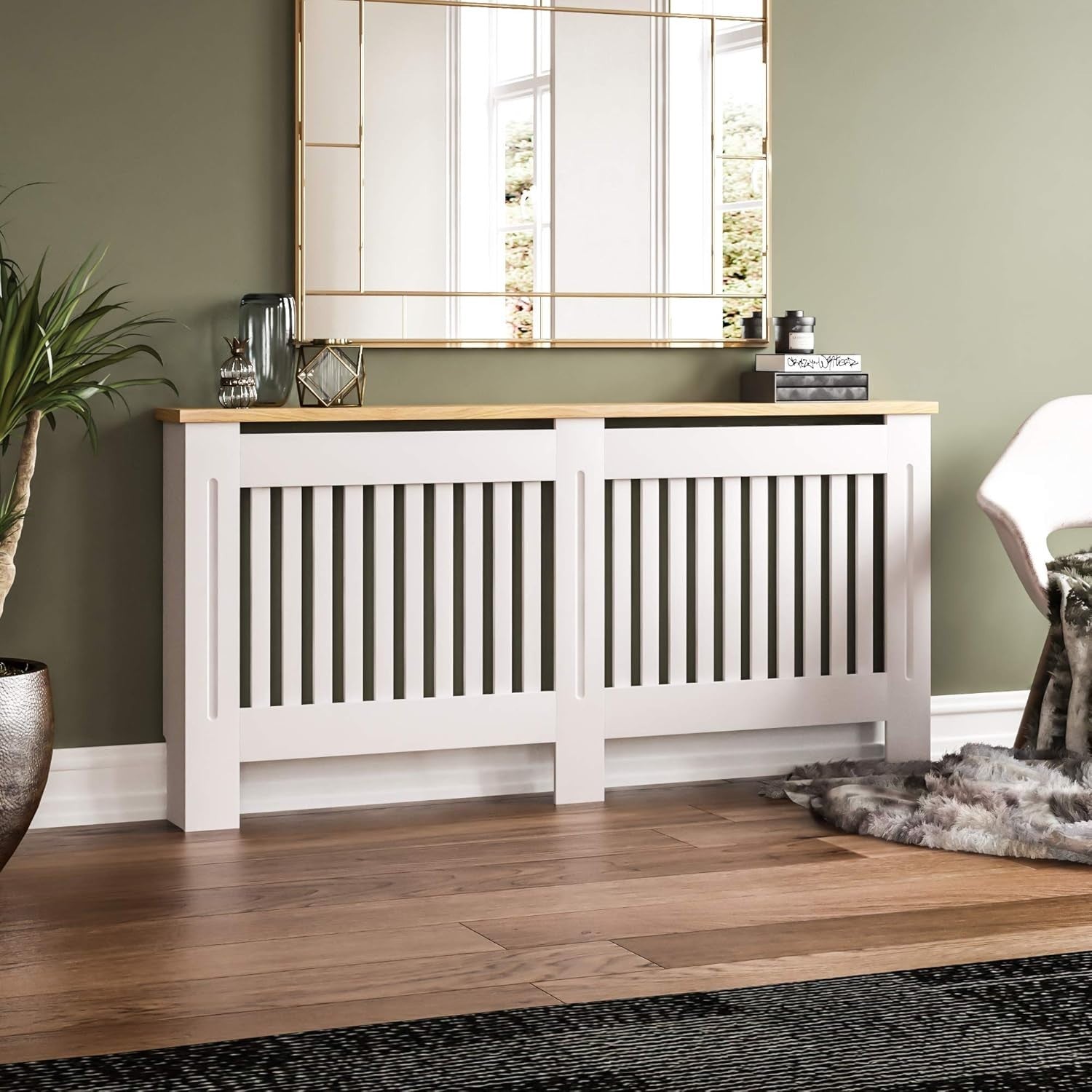 Extra Large White Radiator Cover Cabinet MDF Slatted Grill with Wooden Top Shelf