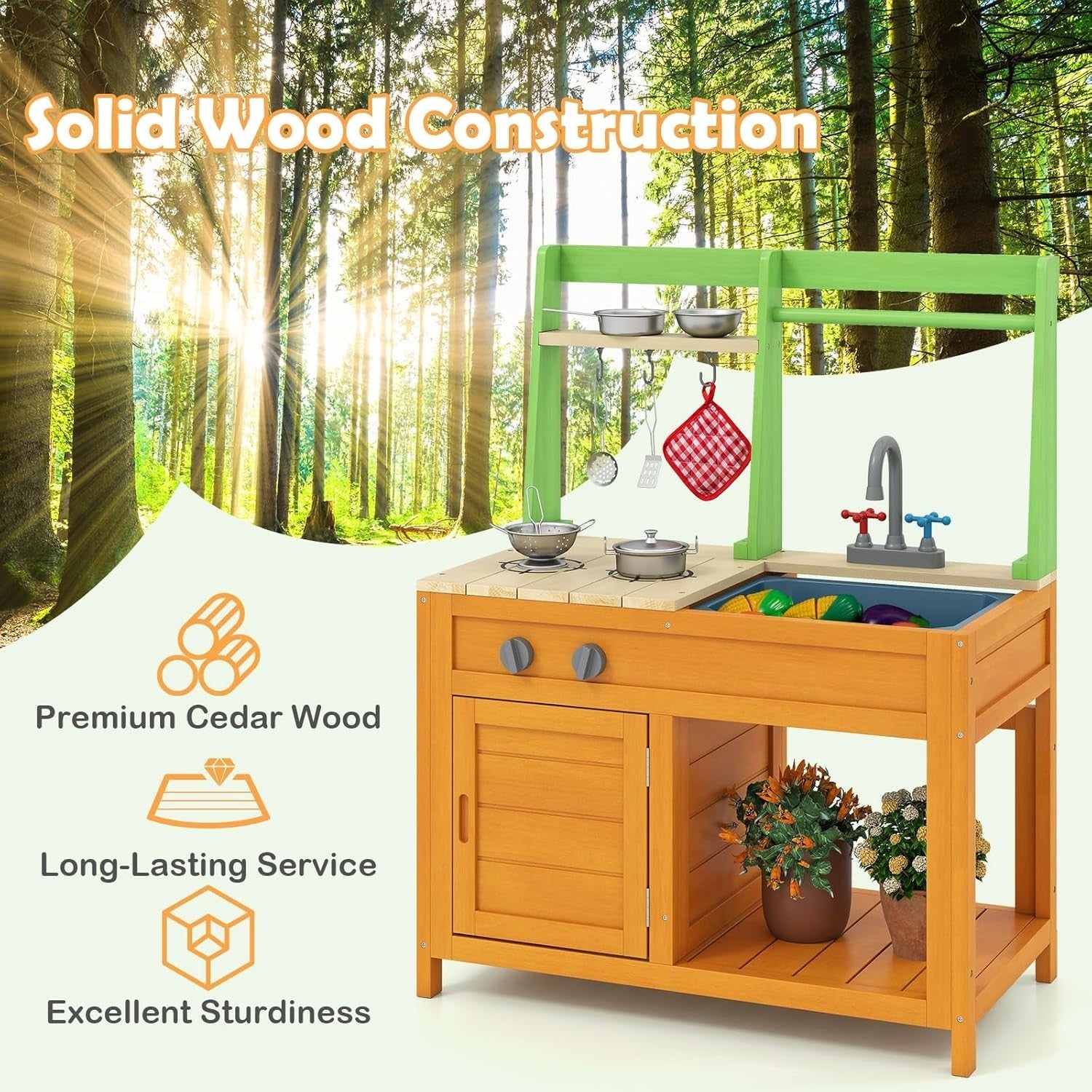 Outdoor Mud Kitchen Wooden Kids Playset Sink Oven Cooking Toy