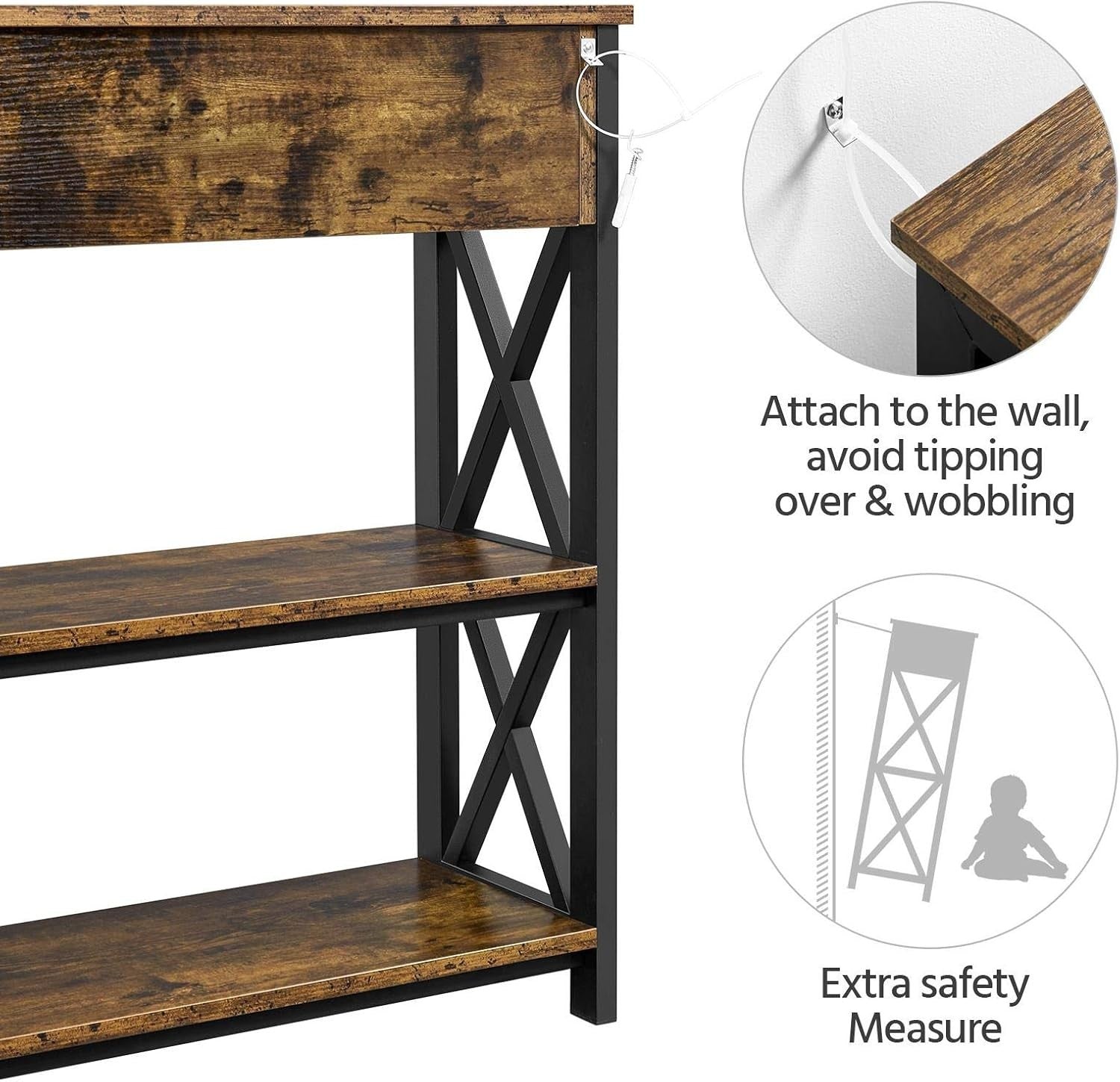 Rustic Console Table with Drawer & 2 Shelves, Sturdy Metal Frame, 100x29.5x81cm