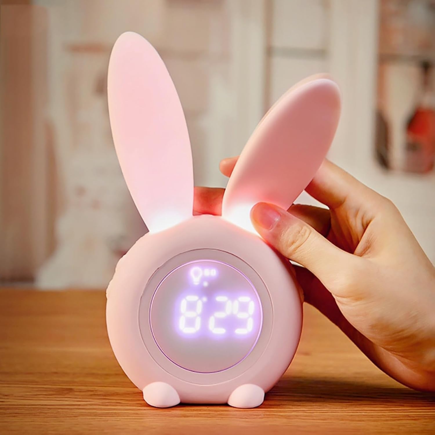 Cute LED Digital Alarm Clock Rabbit Night Light Rechargeable Loud Heavy Sleepers