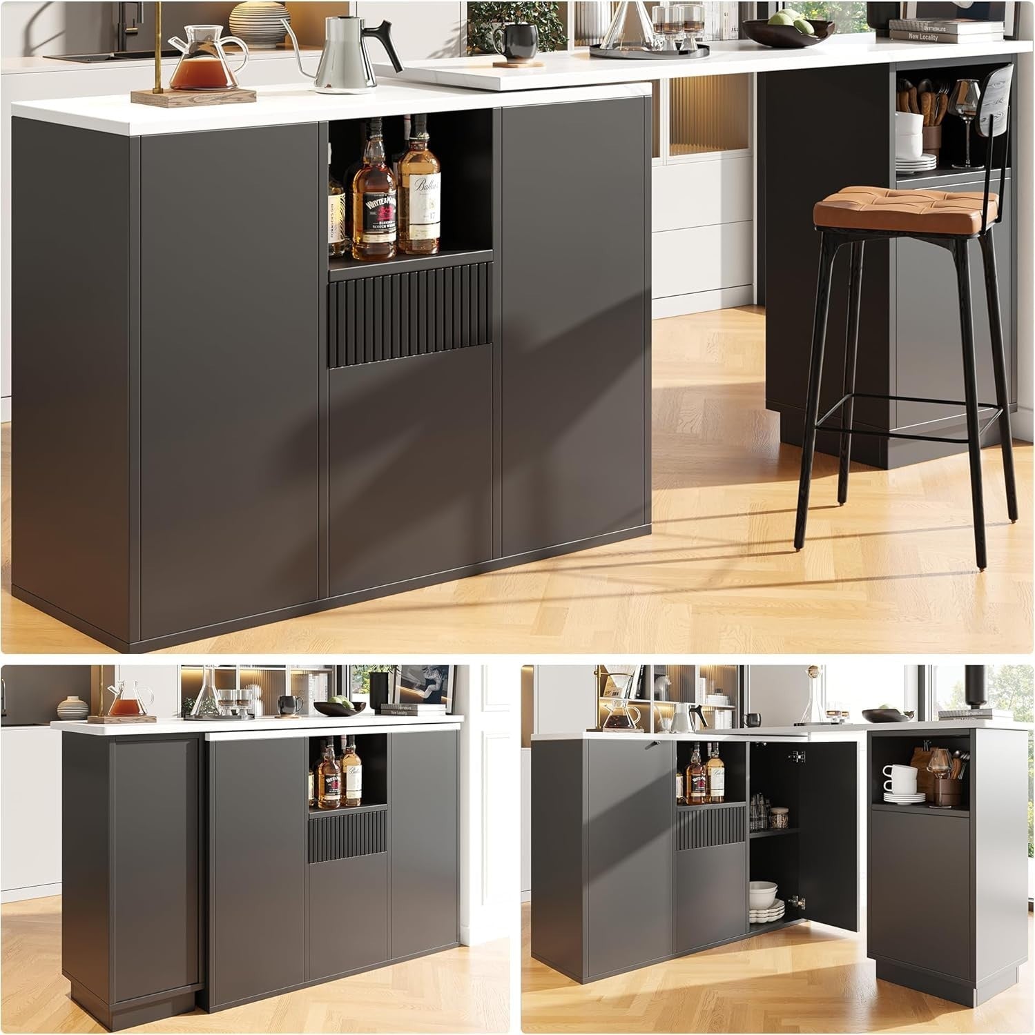 360° Swivel Bar Table with 4 Doors & Drawer Marble Top Storage Cabinet Black