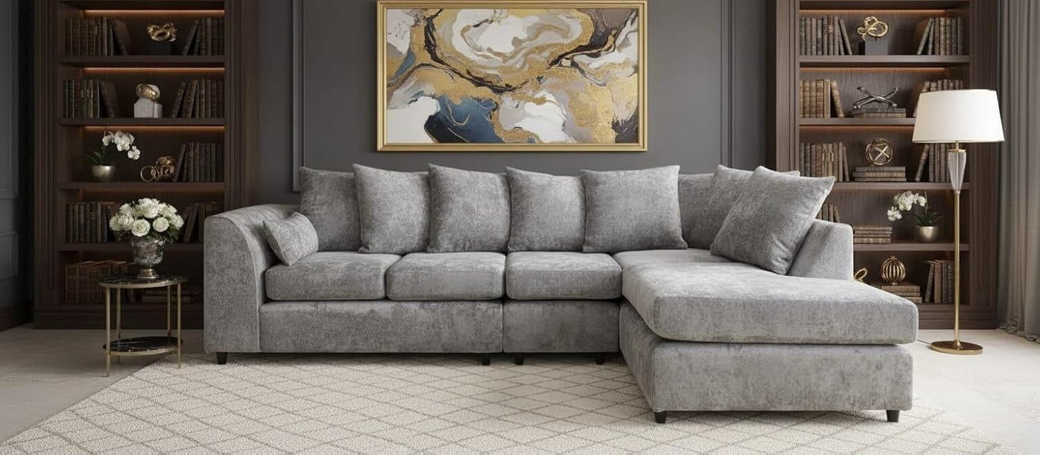 Alaska Corner Sofa Right Grey 5 Seater L Shape Couch Right Hand Fabric Suite