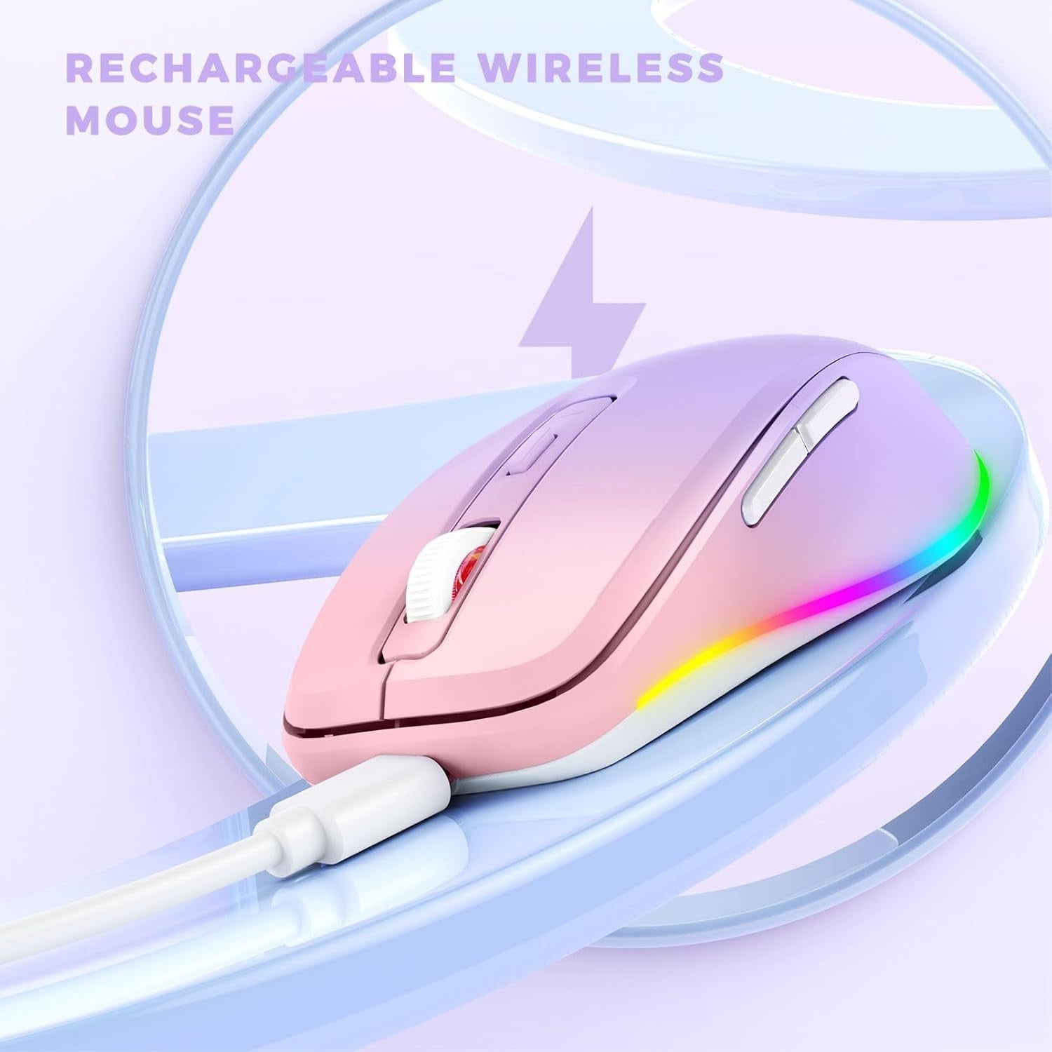 RGB Wireless Mouse Rechargeable Silent USB Jiggler Pink Purple