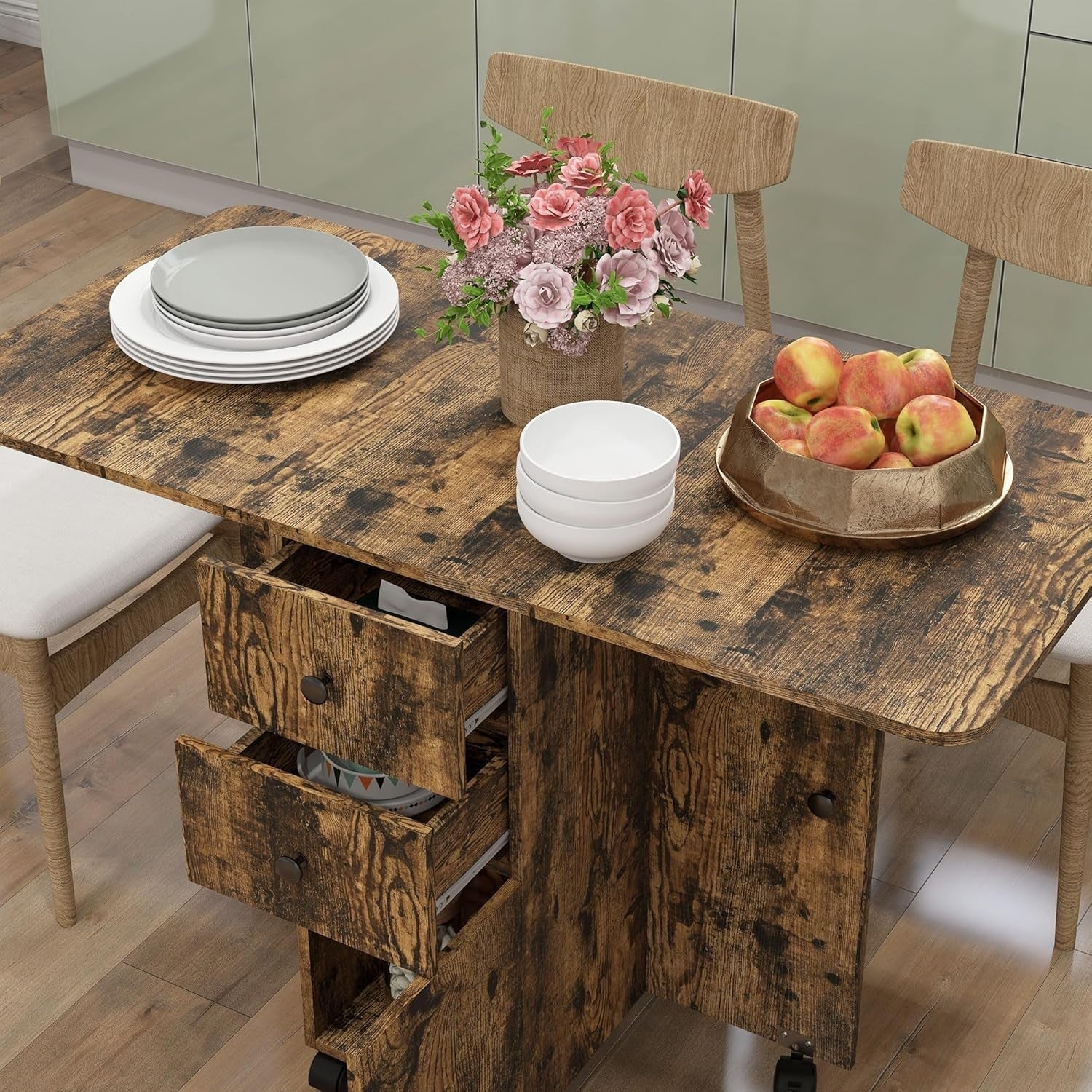 Folding Drop Leaf Dining Table 4-6 Seater on Wheels with Storage Rustic Brown