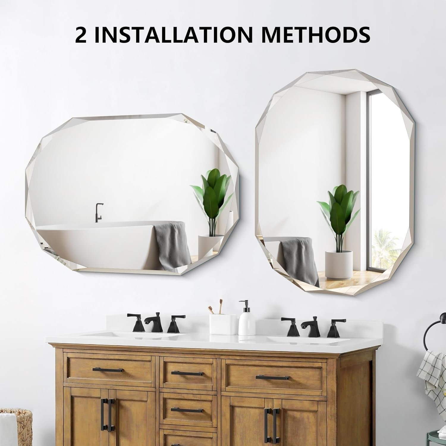 Frameless Diamond Edge Bathroom Mirror 76x91 cm Easy Wall Mount