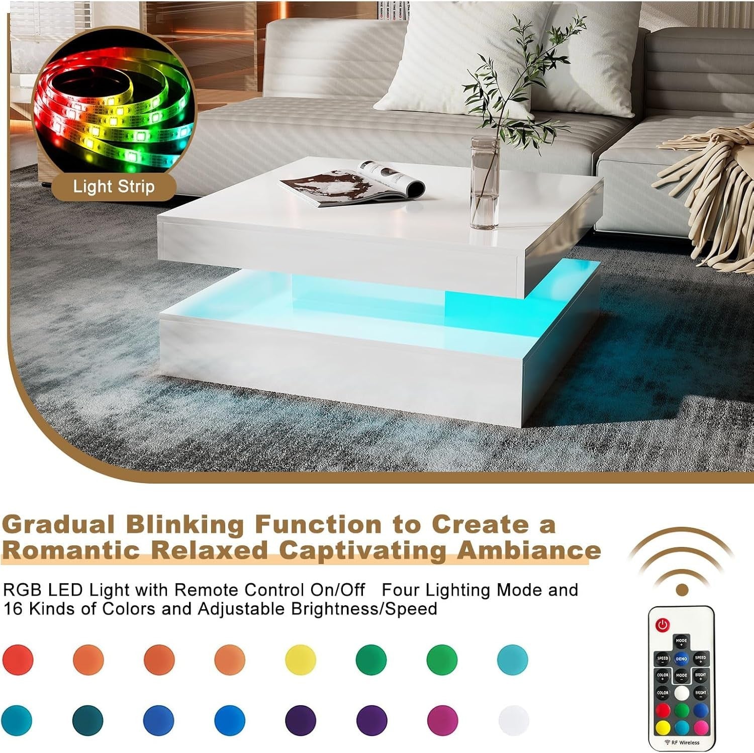 White LED Coffee Table with Storage, 2-Tier Square High Gloss 78x78cm