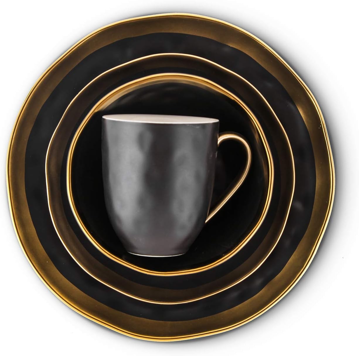 Black Gold Rim Dinnerware Set 16 Piece Porcelain Plates Bowls Service for 4