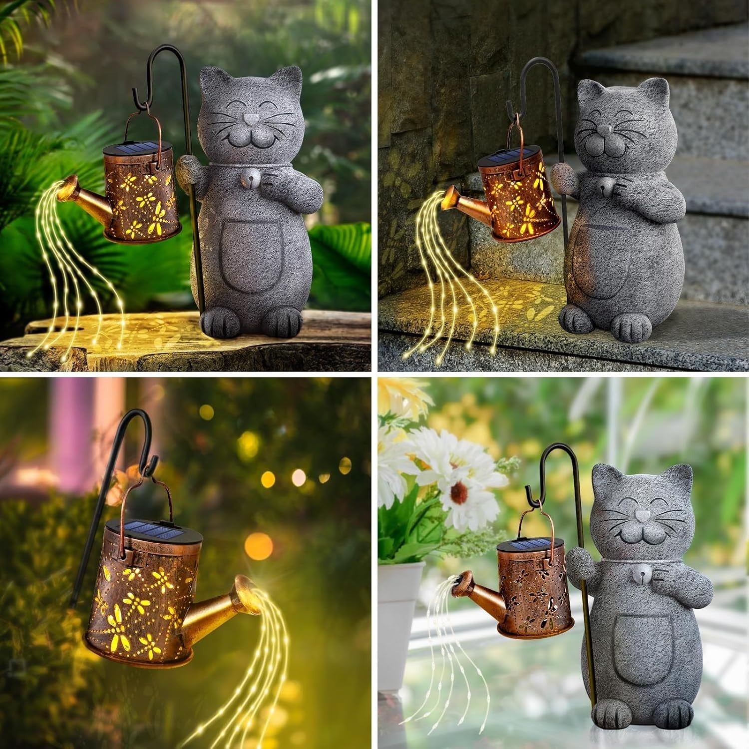 Solar Cat Garden Ornament with Watering Can Lights • Outdoor Resin Statue Gift