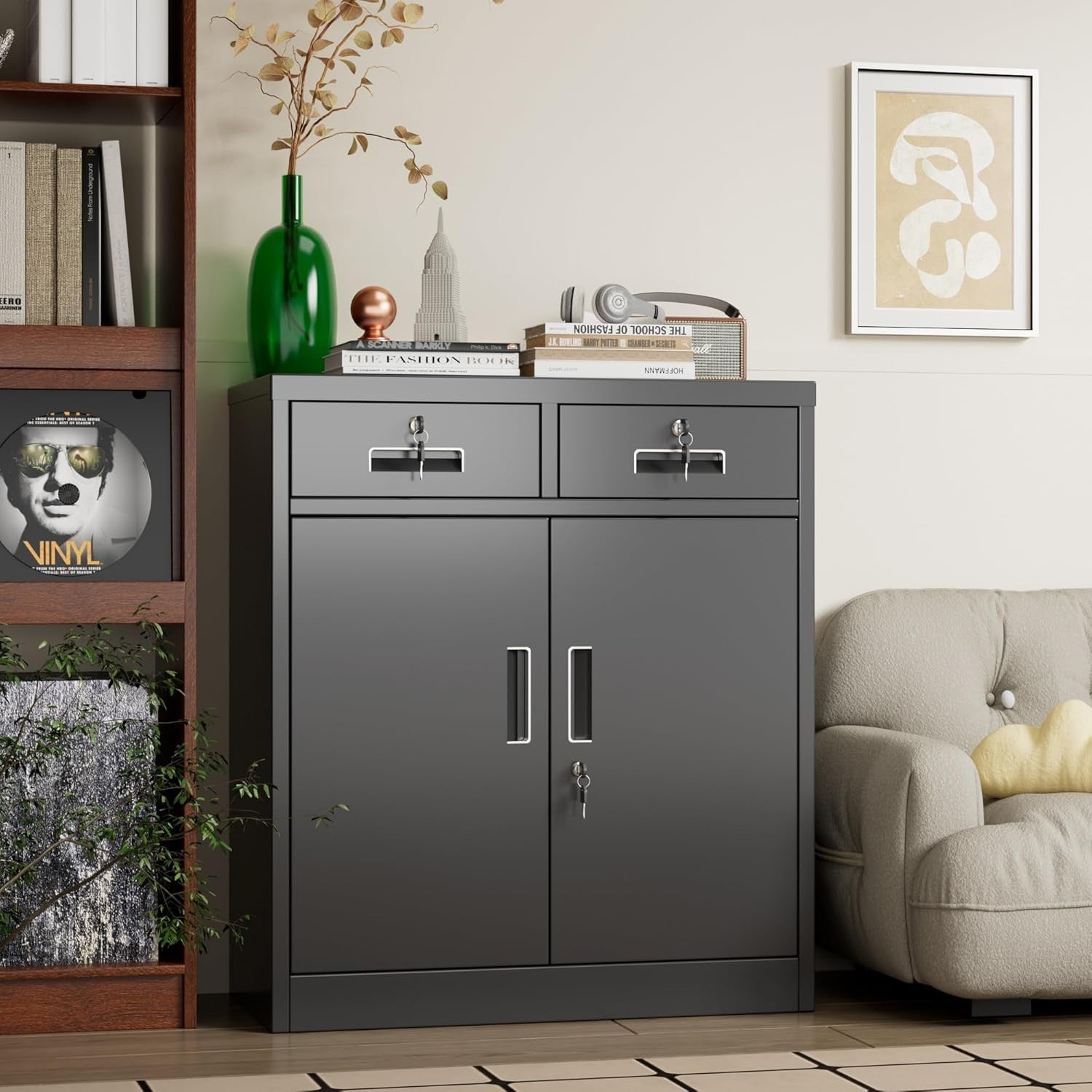 Lockable Metal Storage Cabinet 2 Doors 2 Drawers Adjustable Shelves - 92x80x40cm