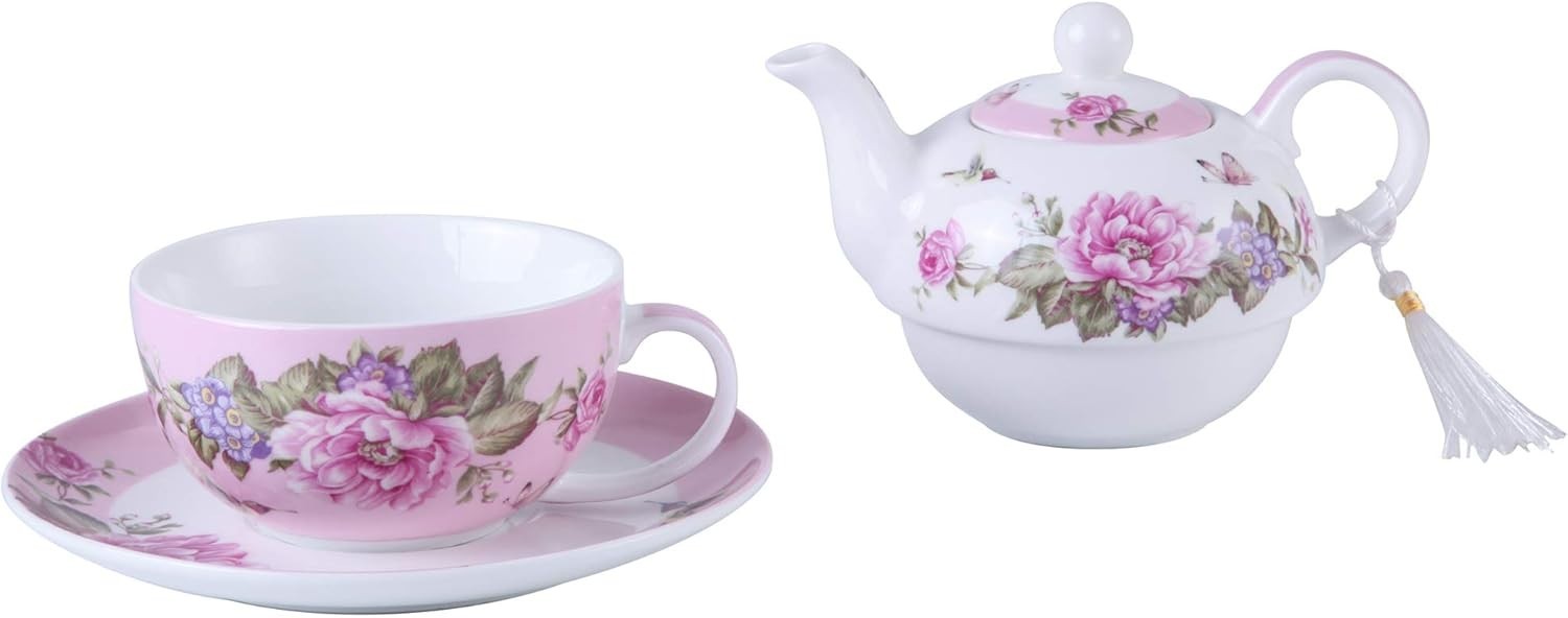 Tea For One Teapot Cup Saucer Set Pink Floral Rose Bird Gift Box