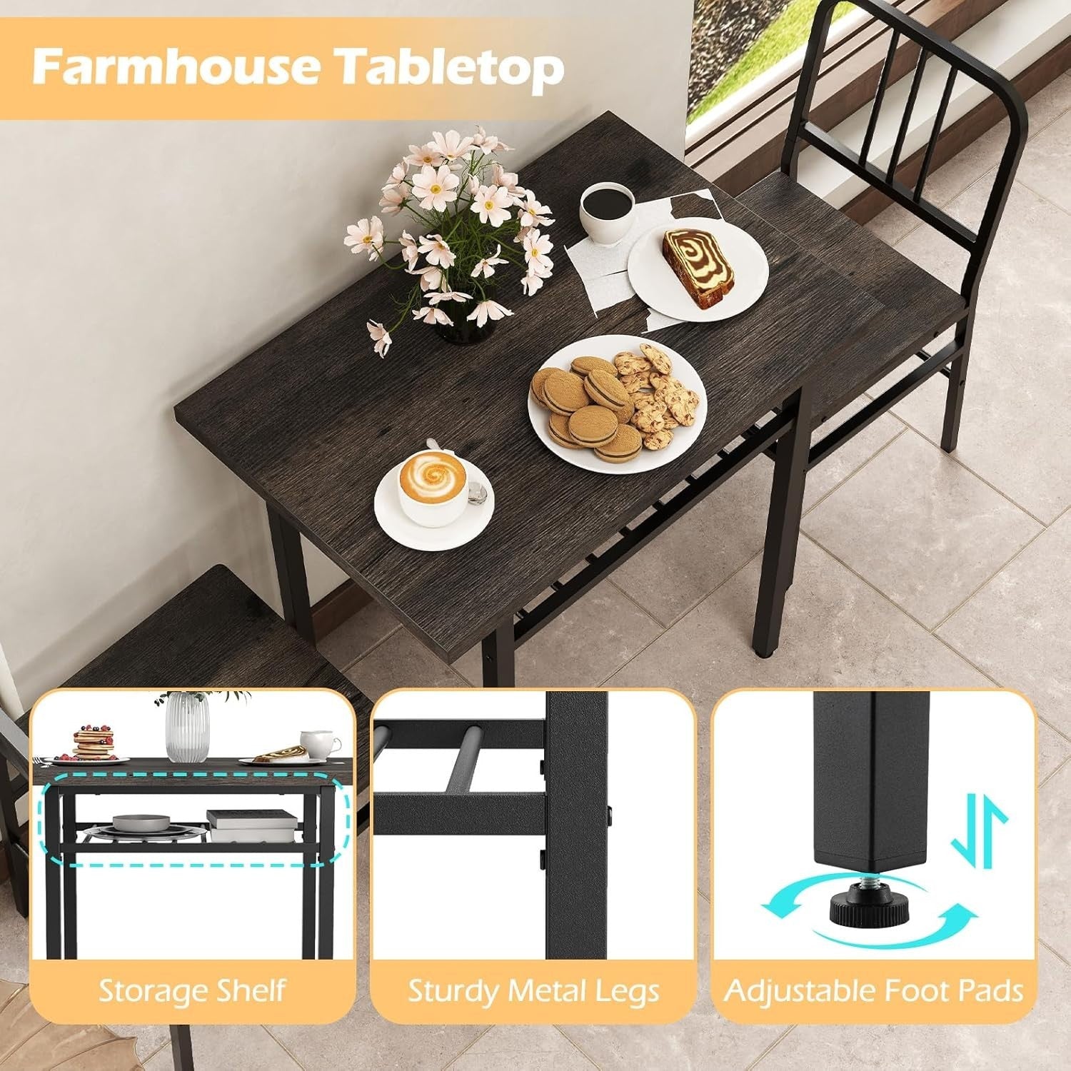 Rectangular 3-Piece Kitchen Dining Set with Storage Rack & Adjustable Feet