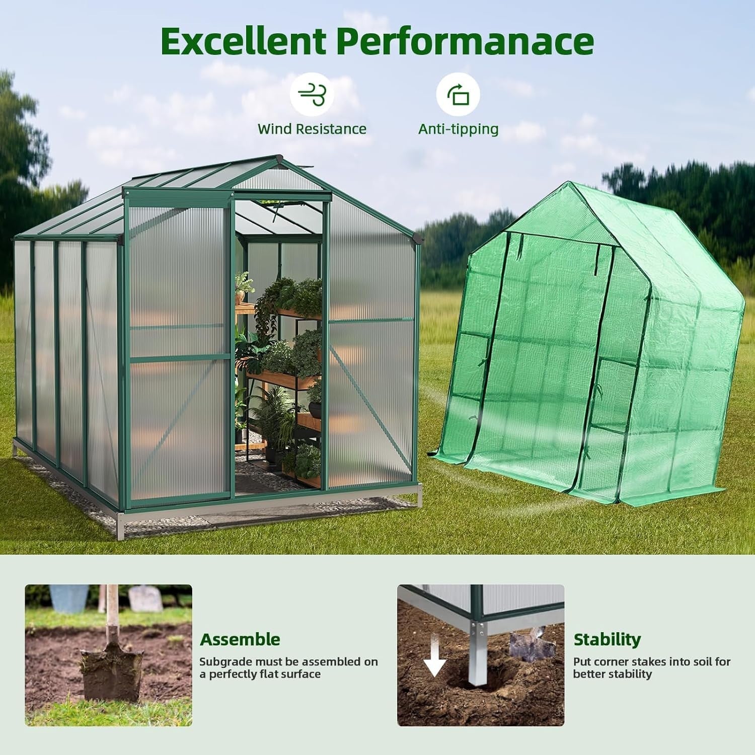 8x6ft Polycarbonate Greenhouse with Base | Heavy-Duty Aluminium Frame