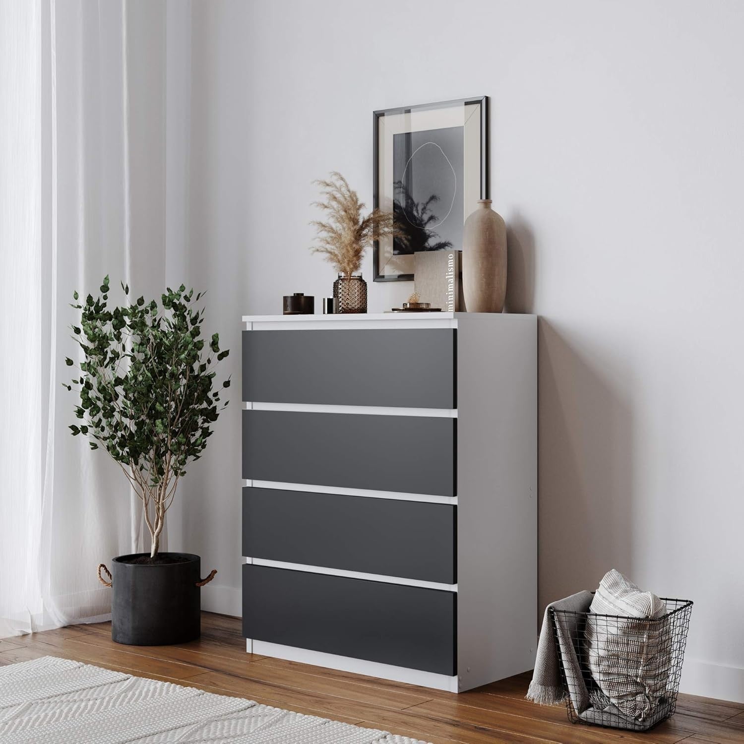 Modern 4 Drawer Bedroom Chest White Carcass Black Drawers Storage Cabinet