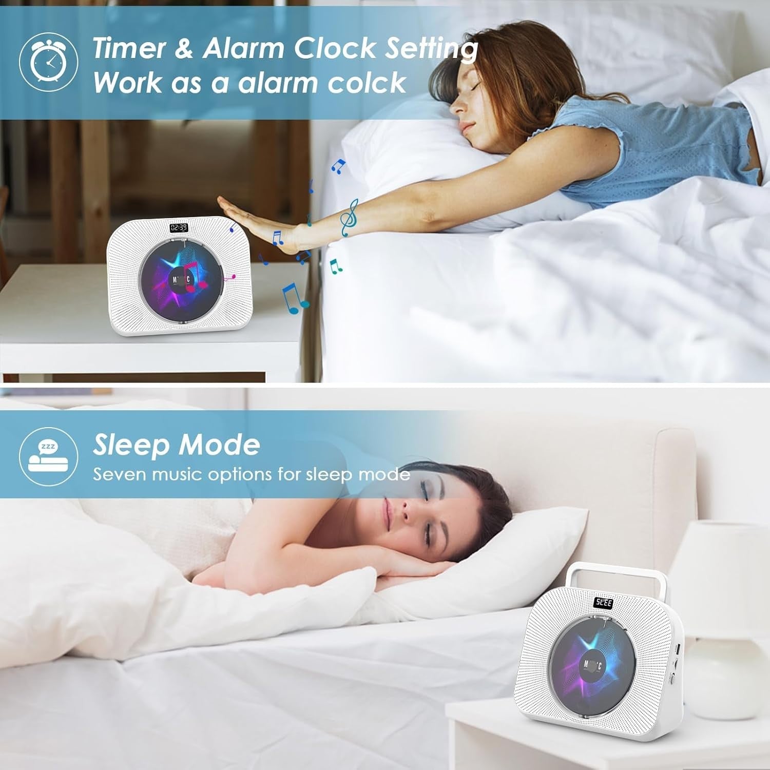Bluetooth CD Player FM Radio USB TF AUX Sleep Timer Remote White