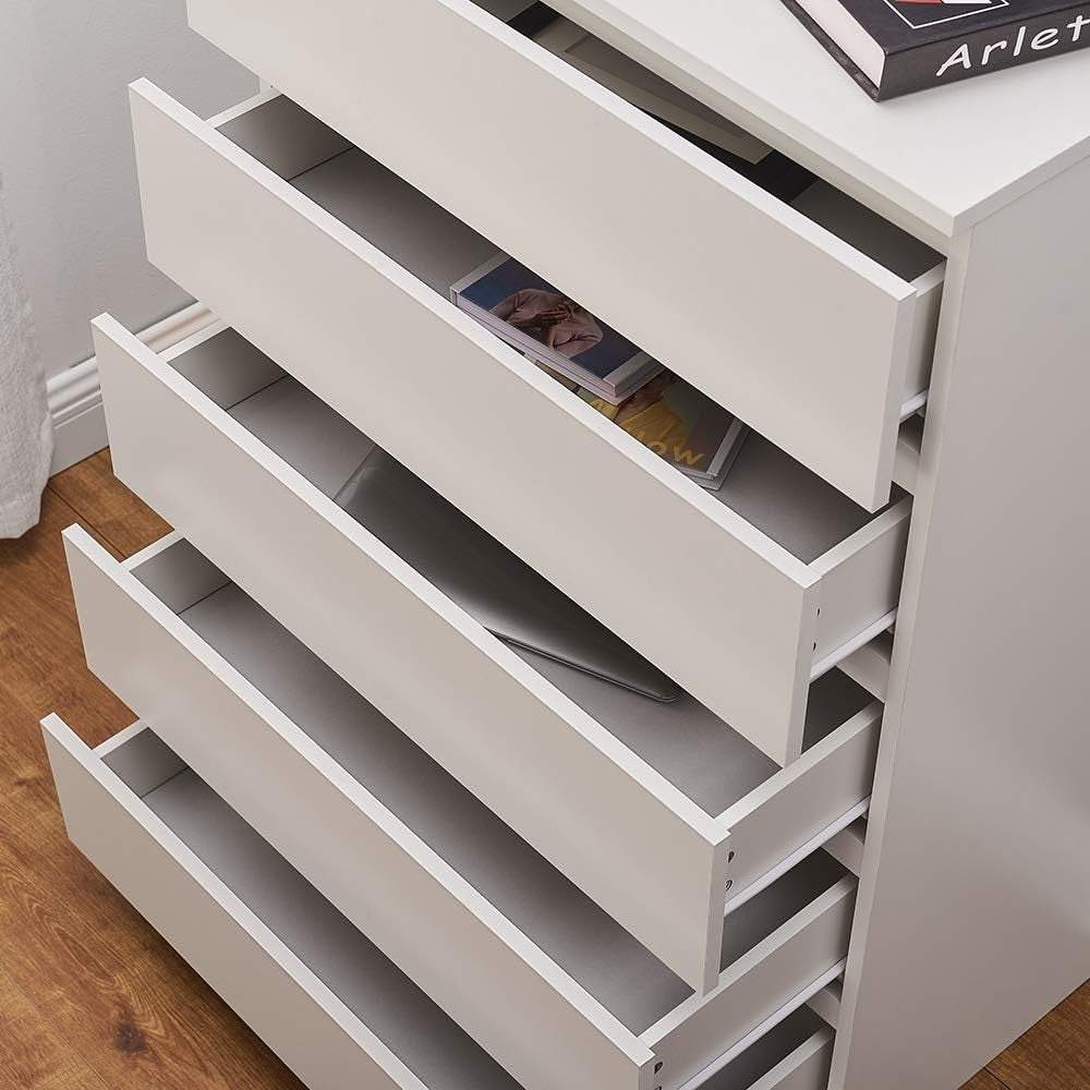White 5 Drawer Chest | Tall Modern Storage Unit | Bedroom Office Cabinet