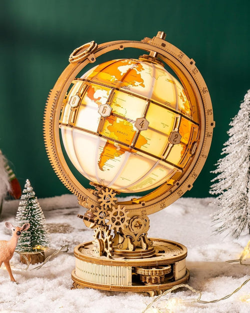 3D Wooden Globe Puzzle with LED Light & Rotating Gear – DIY Gift